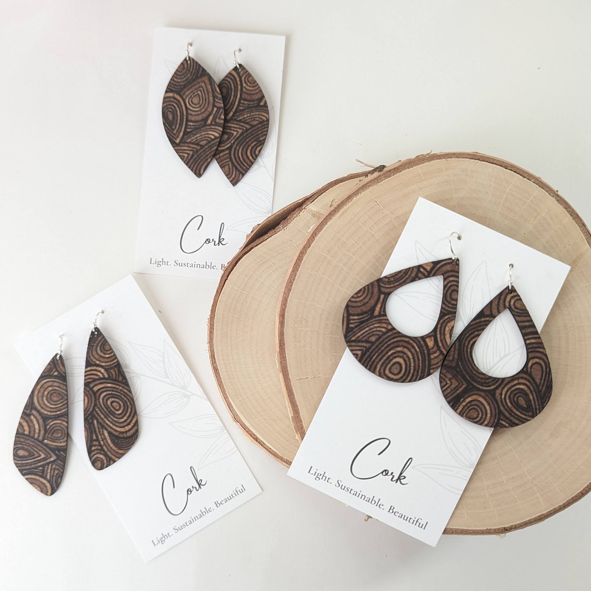 Natural with Wood Grain Cork Earrings - Large Teardrop