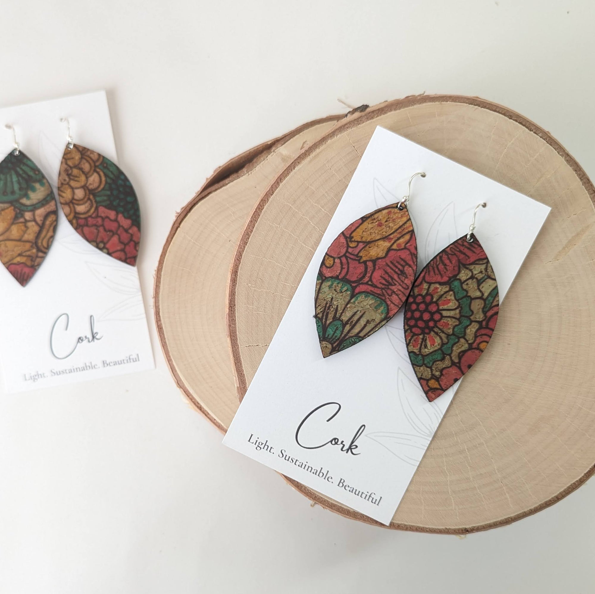Red Yellow Blue Dahlia Cork Earrings - Large Leaf