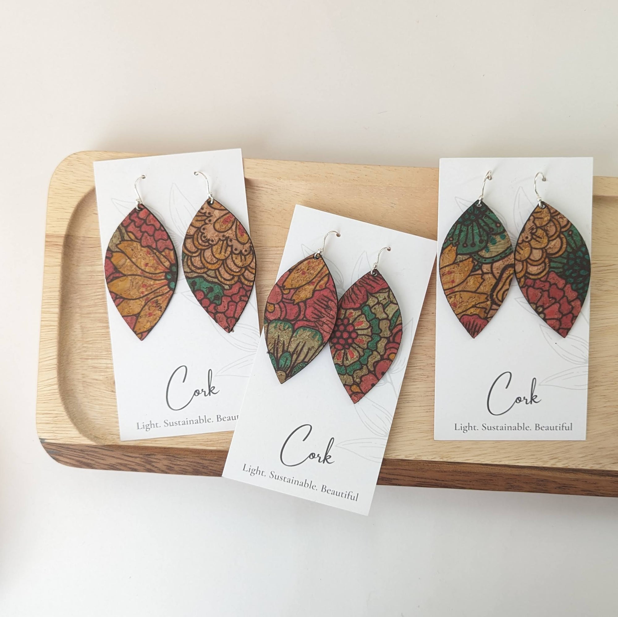 Red Yellow Blue Dahlia Cork Earrings - Large Leaf