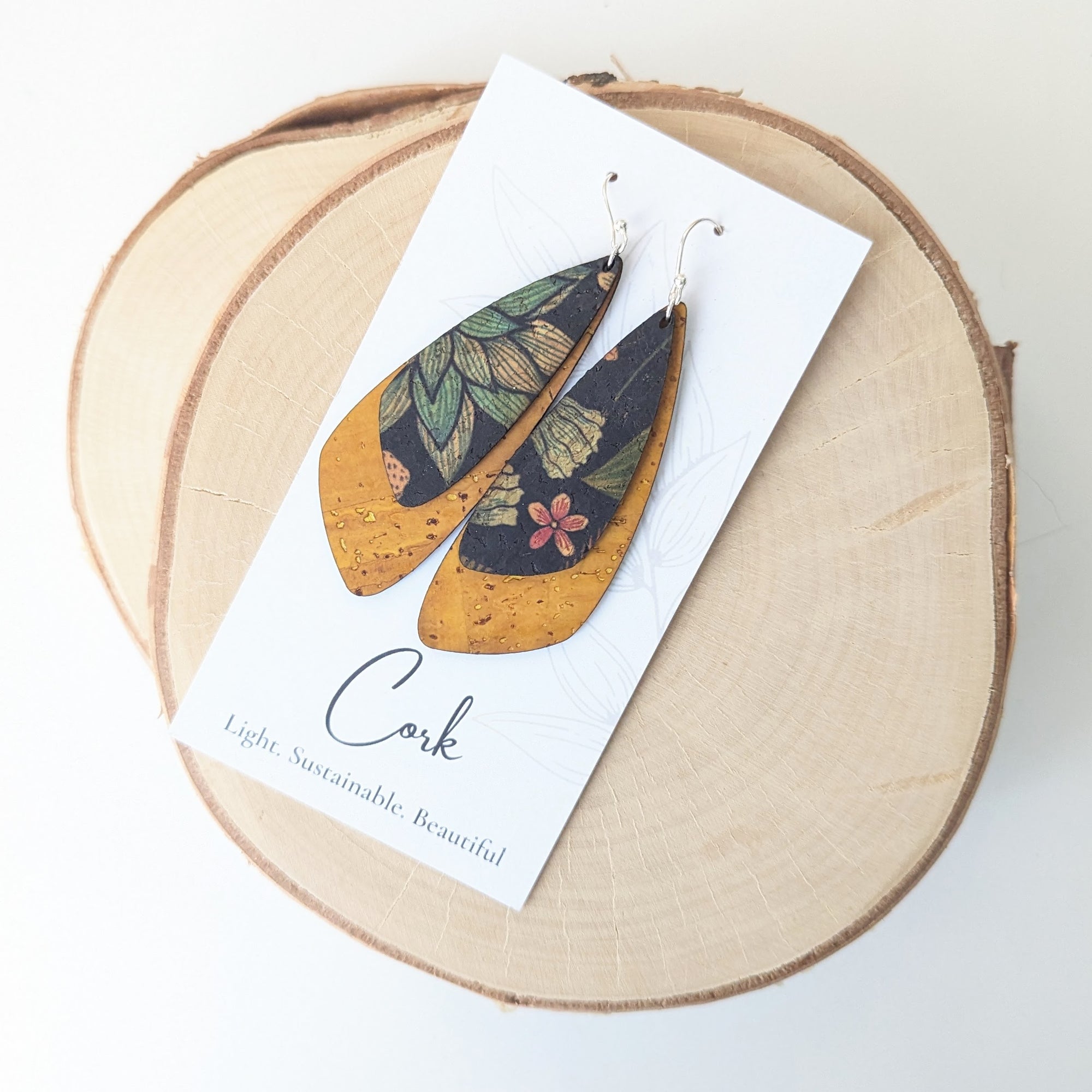 Dragonfly Earrings - Floral on Black with Ochre