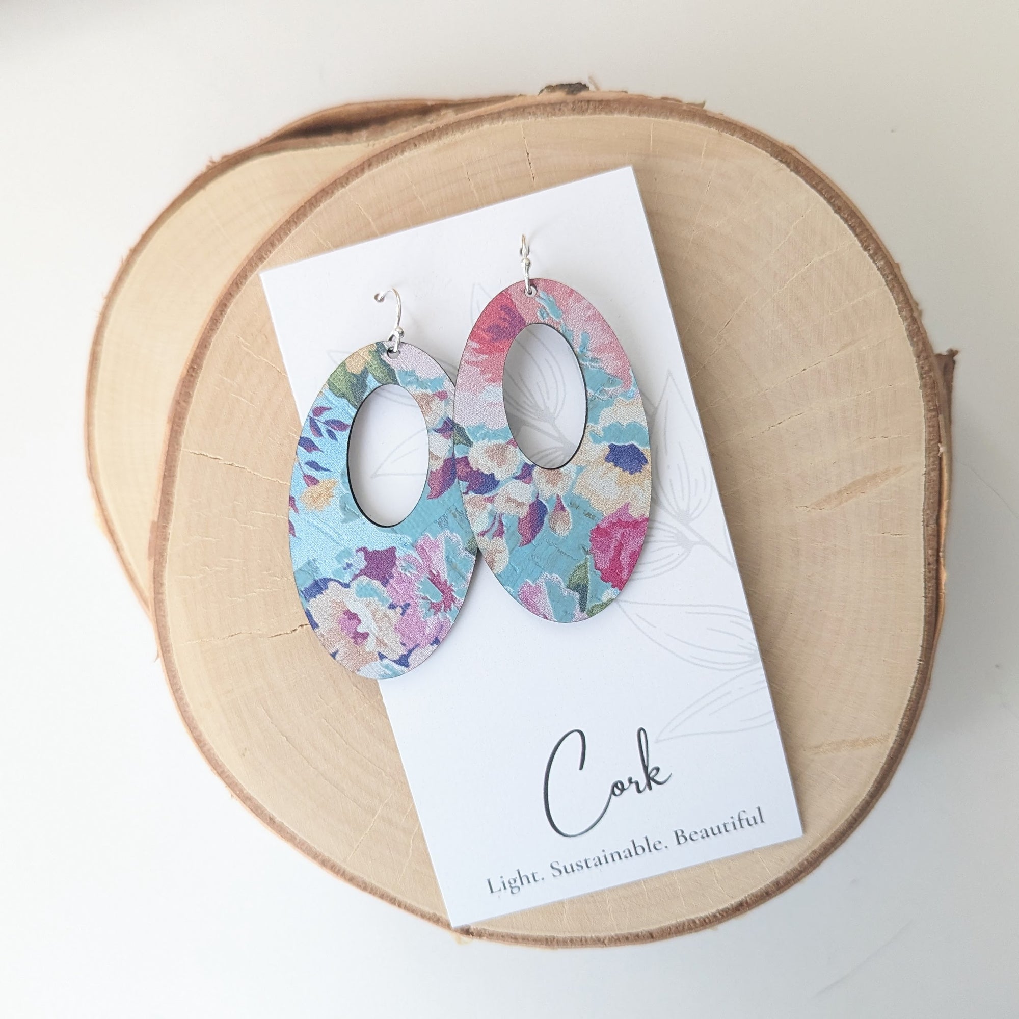Spring Floral on Blue Cork Earrings - Oval
