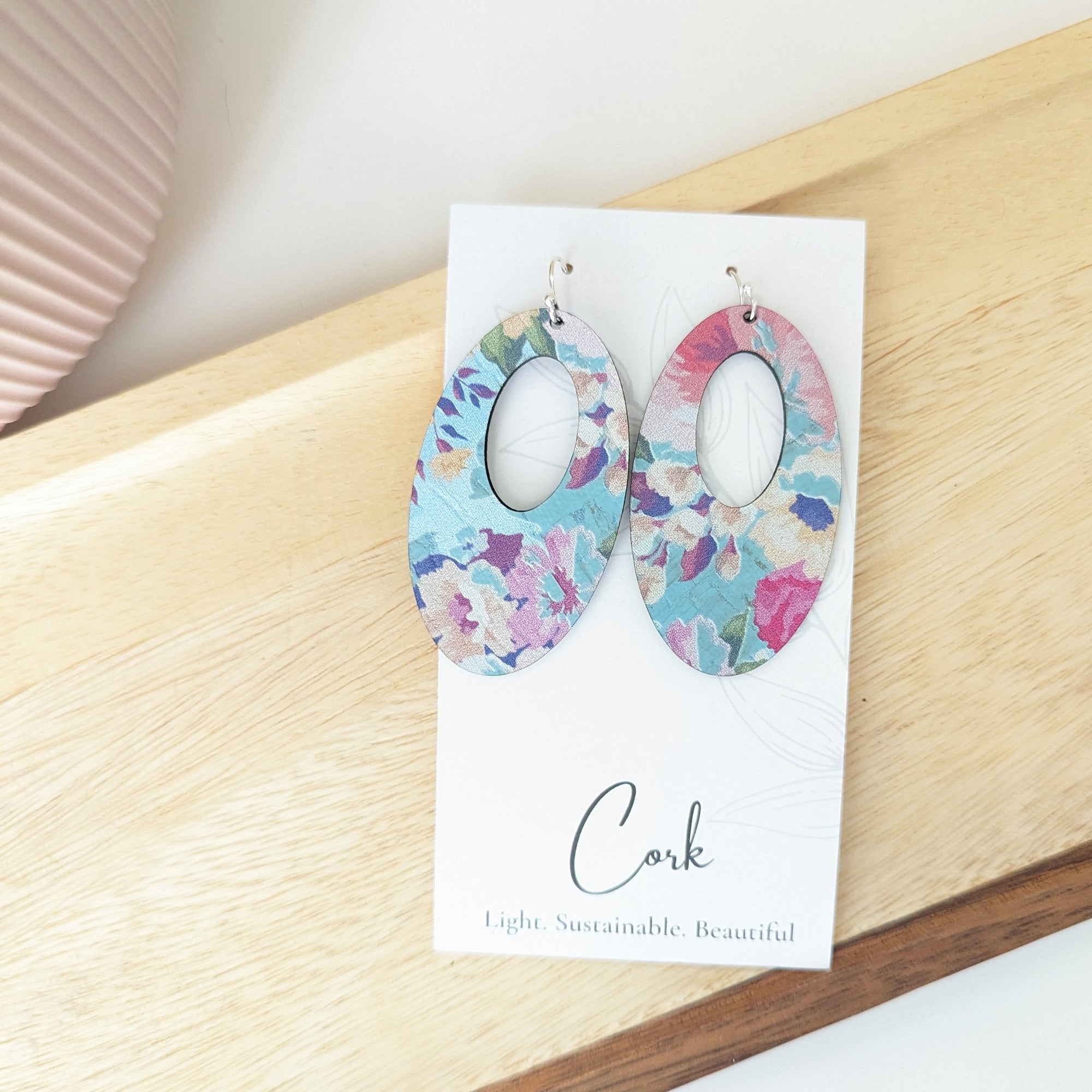 Spring Floral on Blue Cork Earrings - Oval