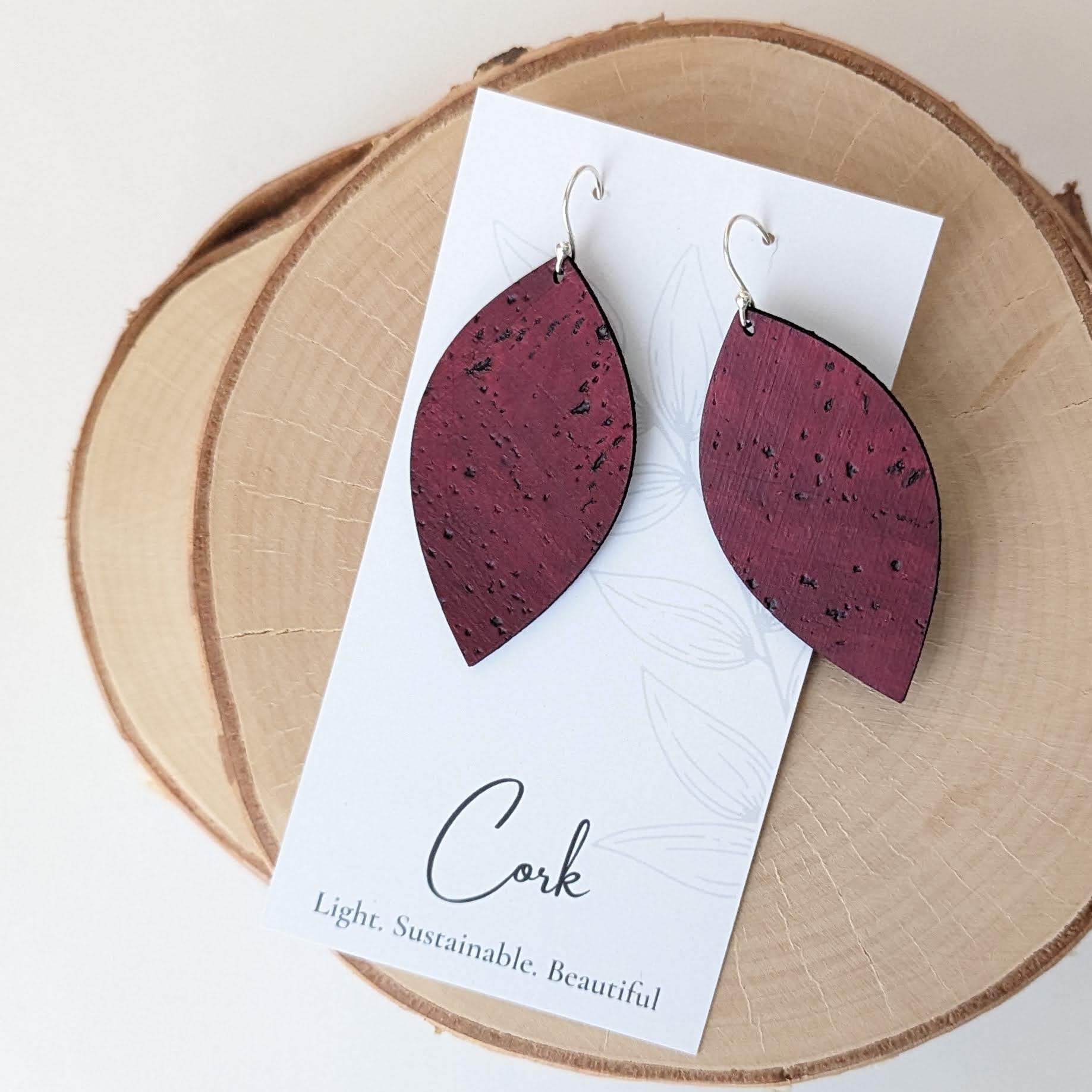 Wine Red Cork Earrings - Large Leaf