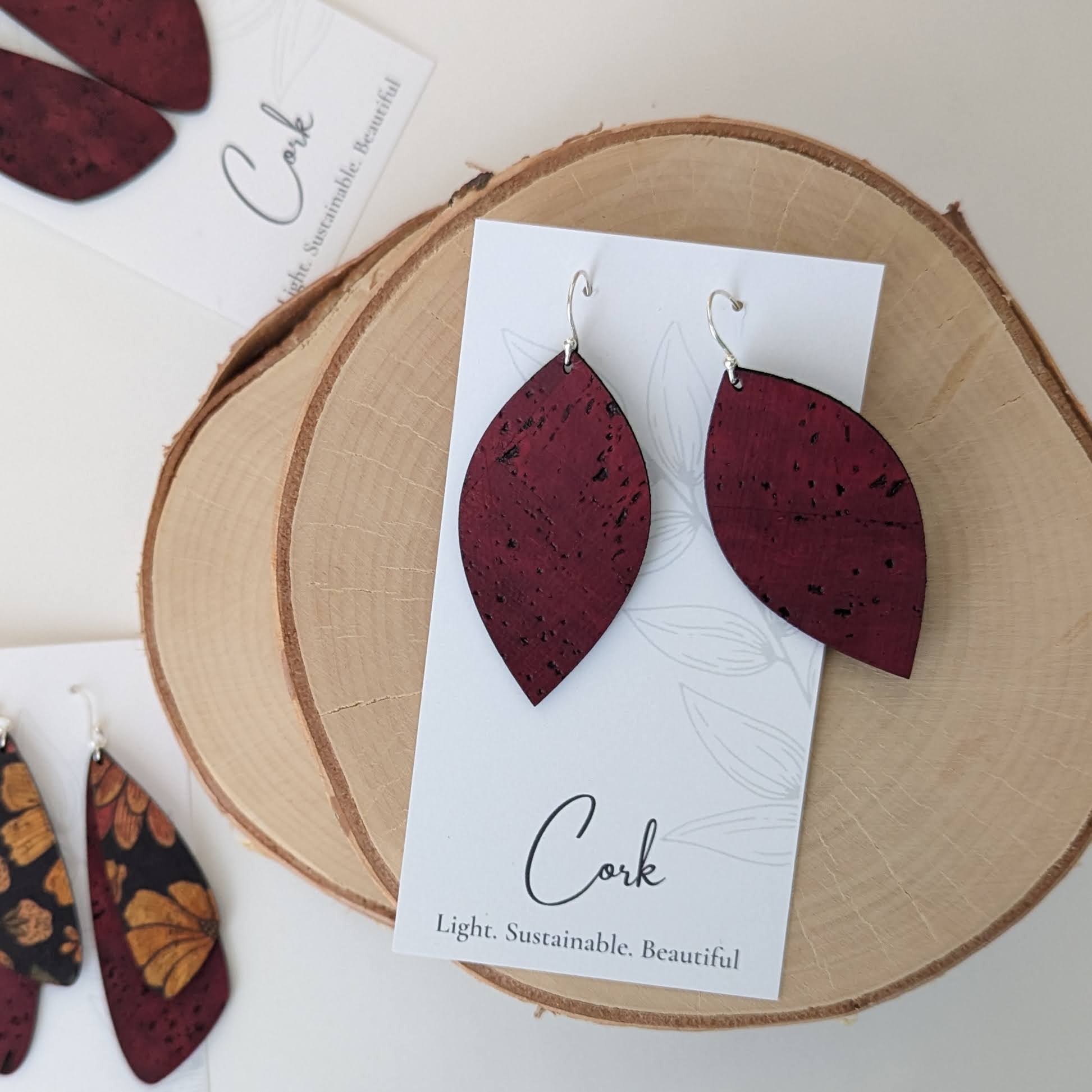 Wine Red Cork Earrings - Large Leaf