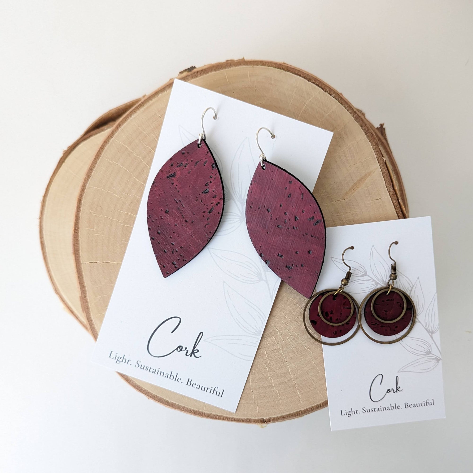 Wine Red Cork Earrings - Large Leaf