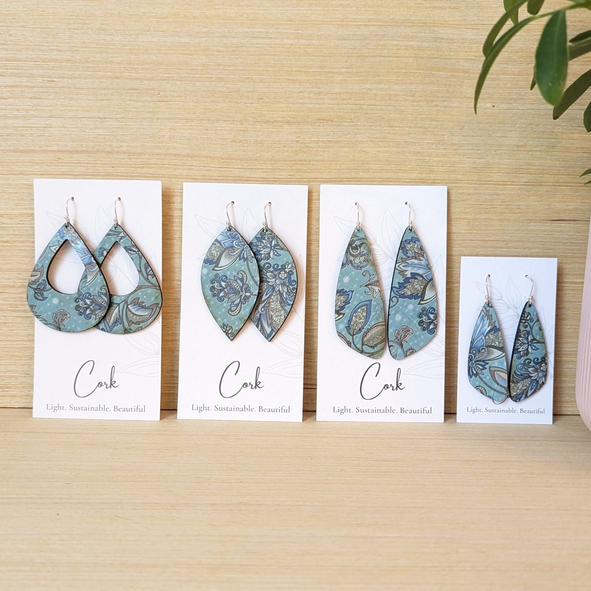 Olive and Teal Floral Cork Earrings -Large Leaf