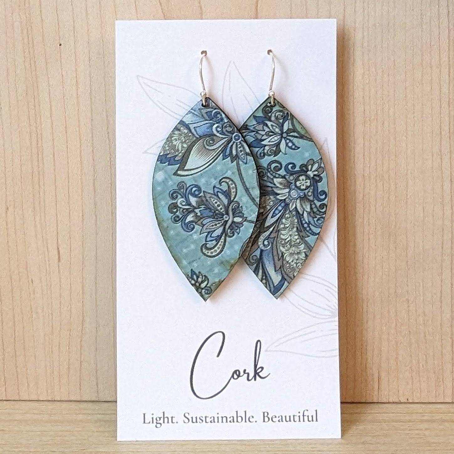 Olive and Teal Floral Cork Earrings -Large Leaf