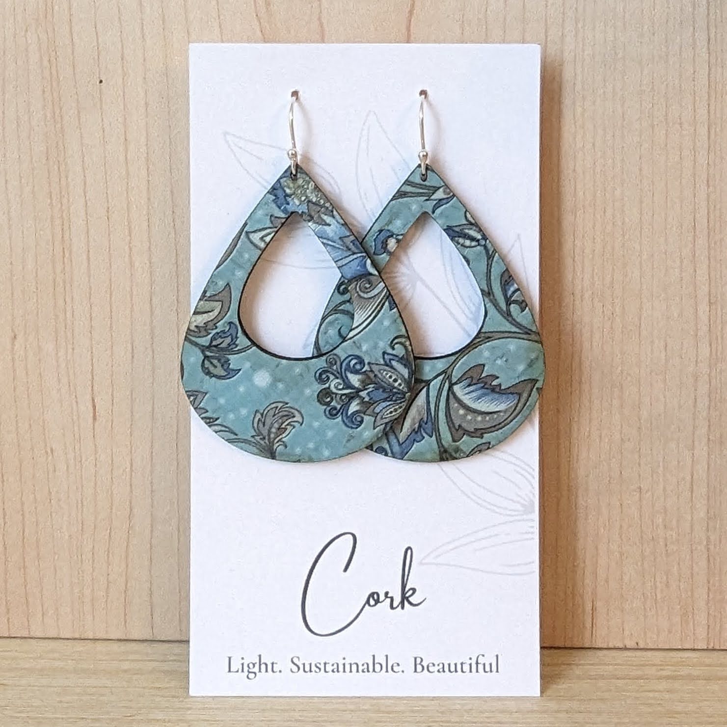 Olive and Teal Floral Cork Earrings - Large Teardrop