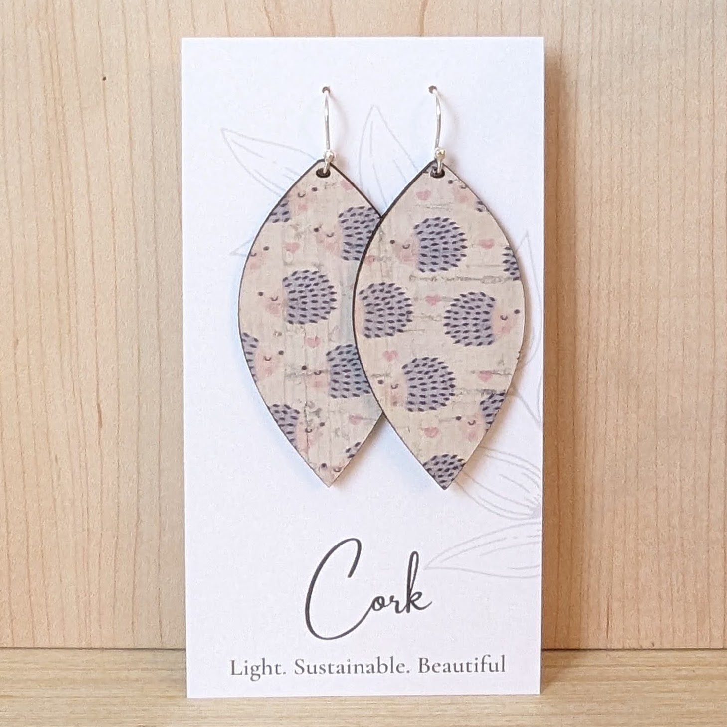 Hedgehog and Heart Cork Earrings - Large Leaf