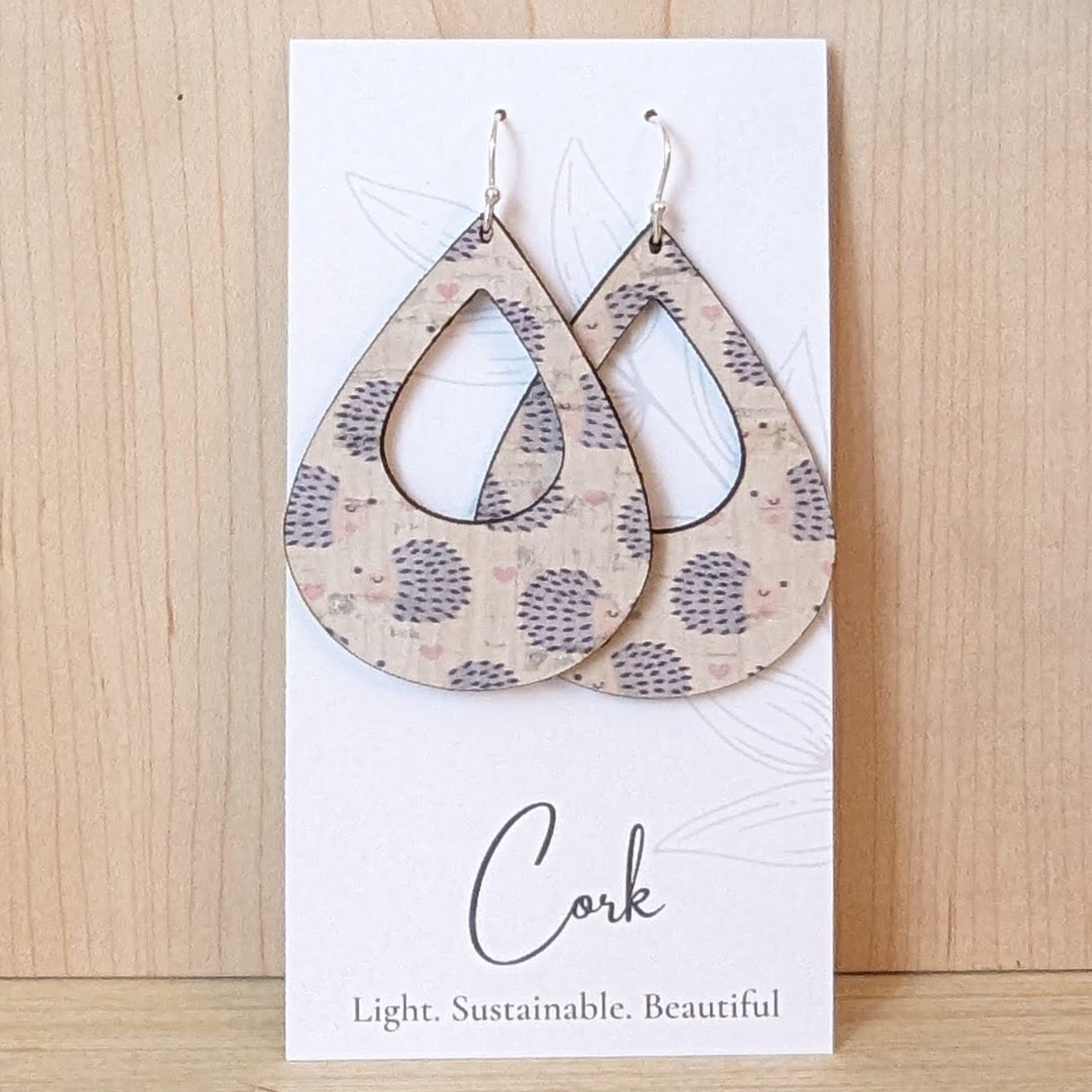 Hedgehog and Heart Cork Earrings - Large Teardrop