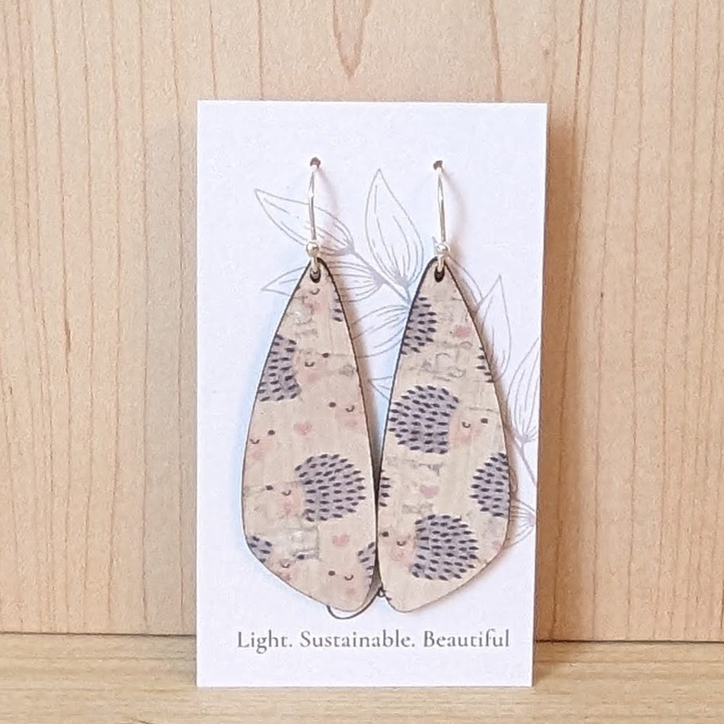 Hedgehog and Heart Cork Earrings - Small Wing
