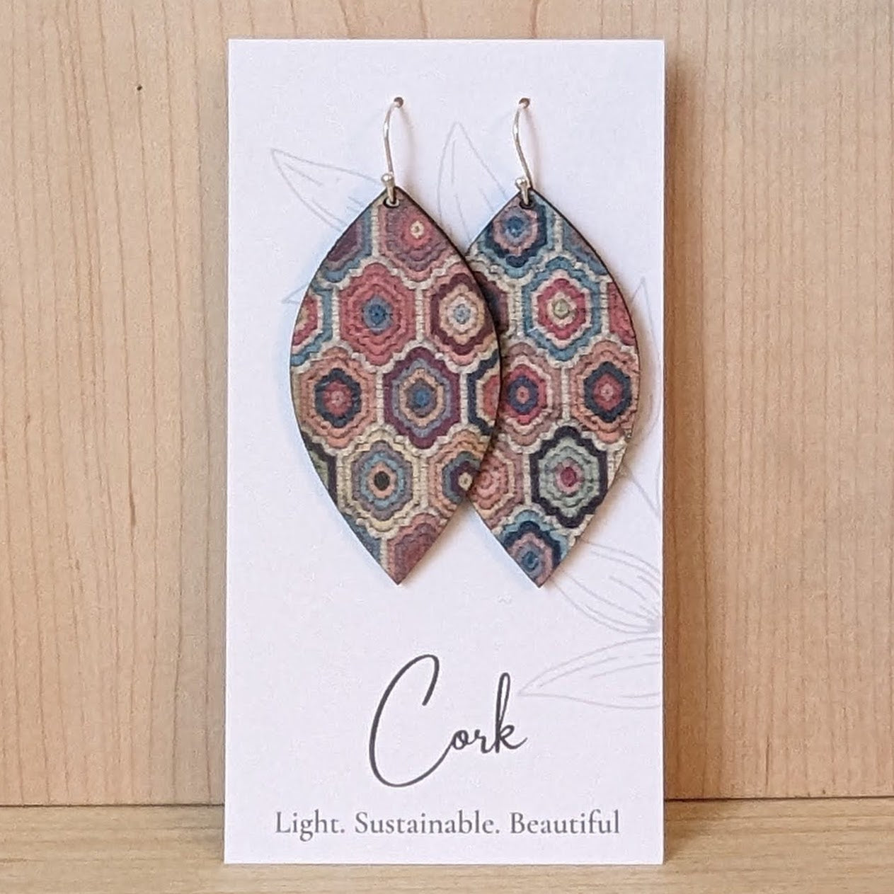 Embroidered Hexagons Cork Earrings - Large Leaf
