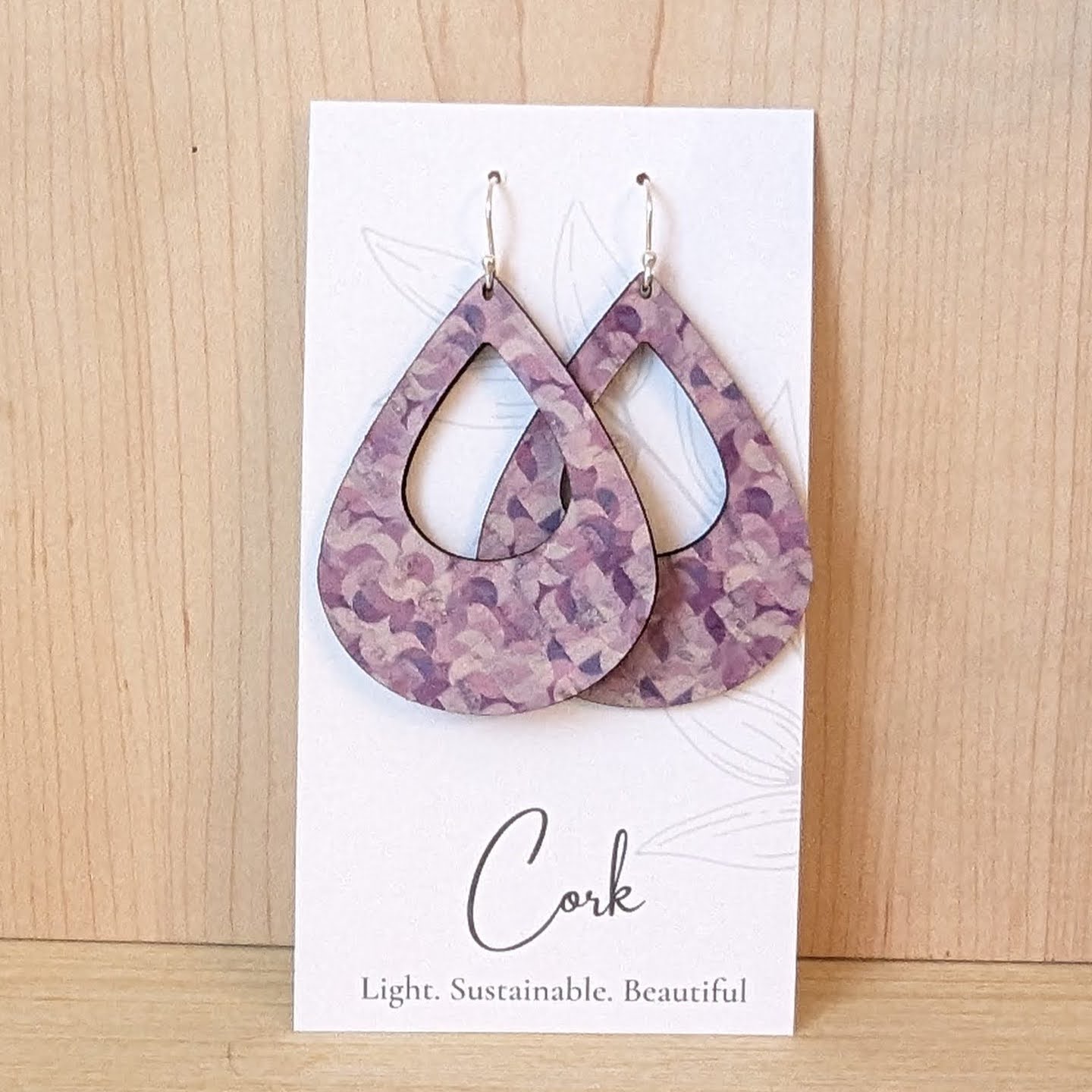Purple Abstract Cork Earrings - Large Teardrop