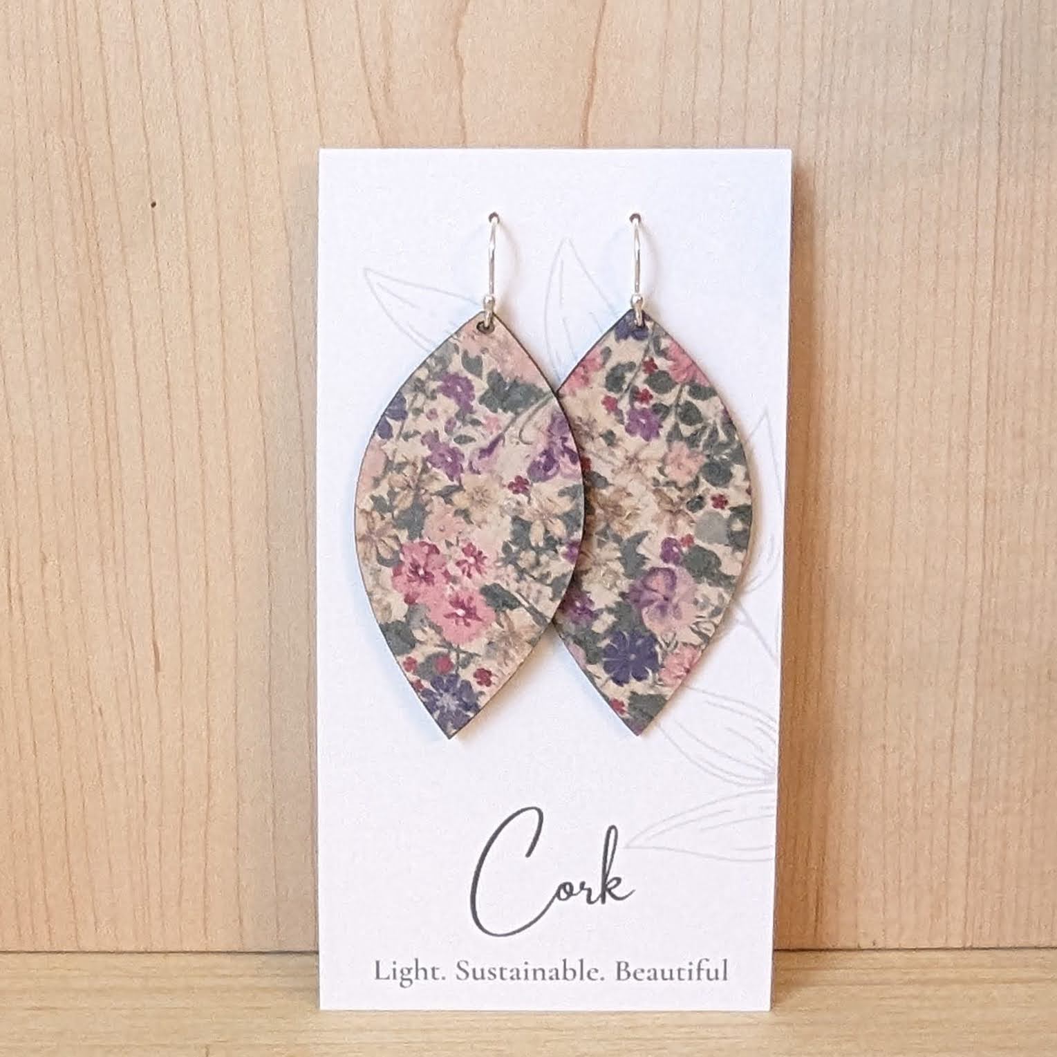 Pink Pansies Cork Earrings - Large Leaf