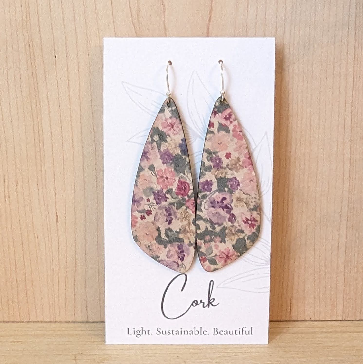 Pink Pansies Cork Earrings - Large Wing
