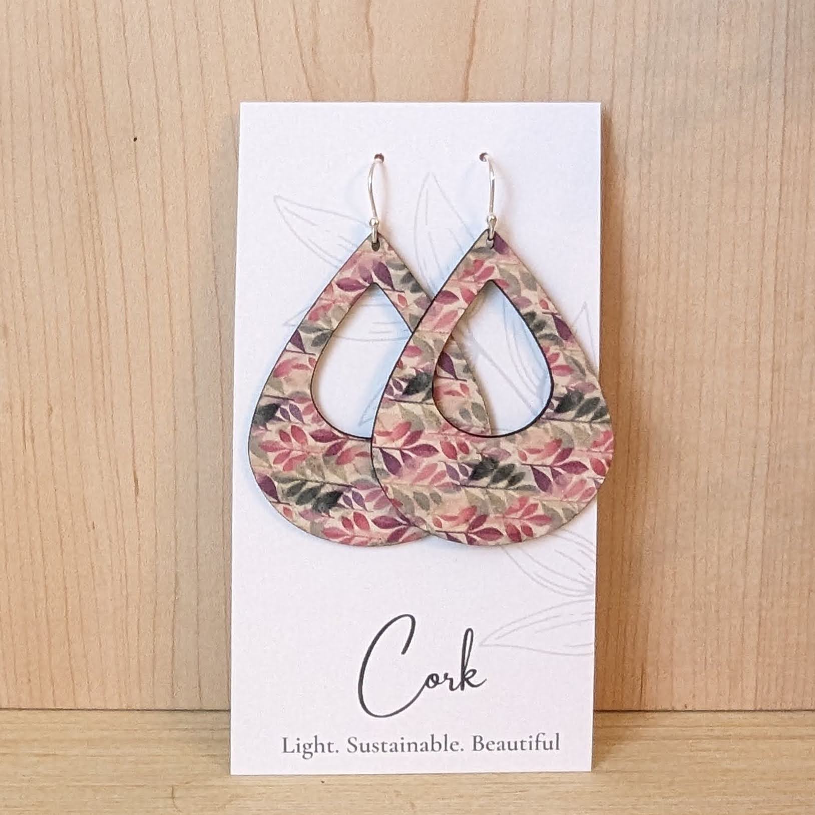 Green and Fuchsia Leaves Cork Earrings - Large Teardrop