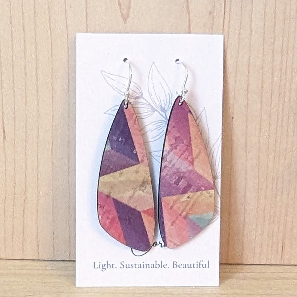 Pink Herringbone Cork Earrings - Small Wing