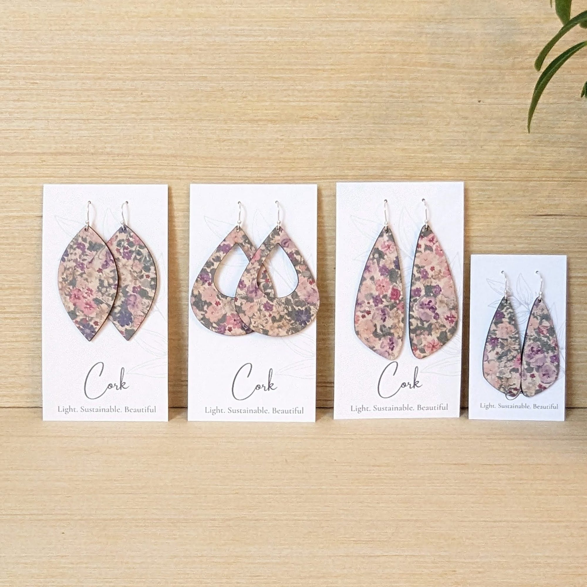 Pink Pansies Cork Earrings - Large Leaf