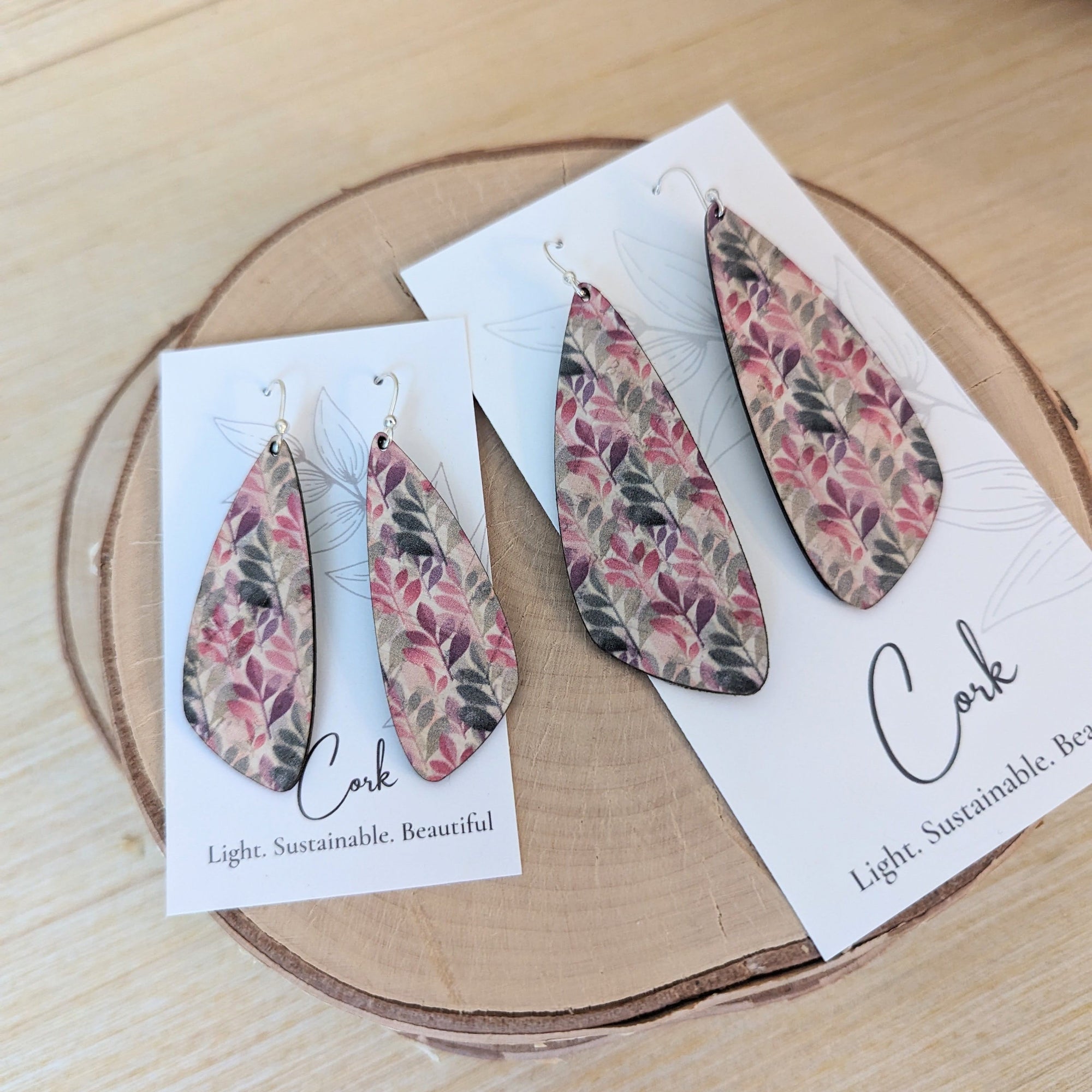 Green and Fuchsia Leaves Cork Earrings - Small Wing