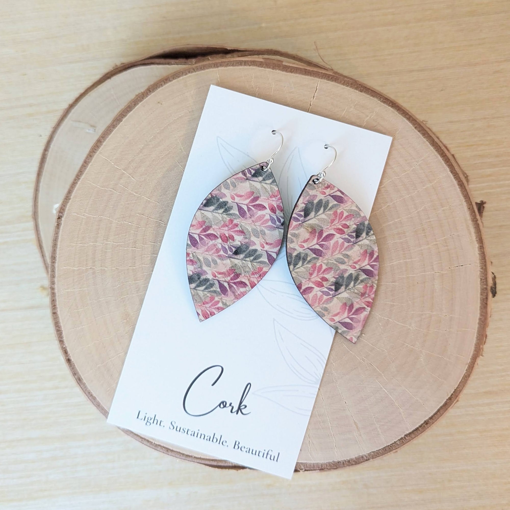 Green and Fuchsia Leaves Cork Earrings - Large Leaf