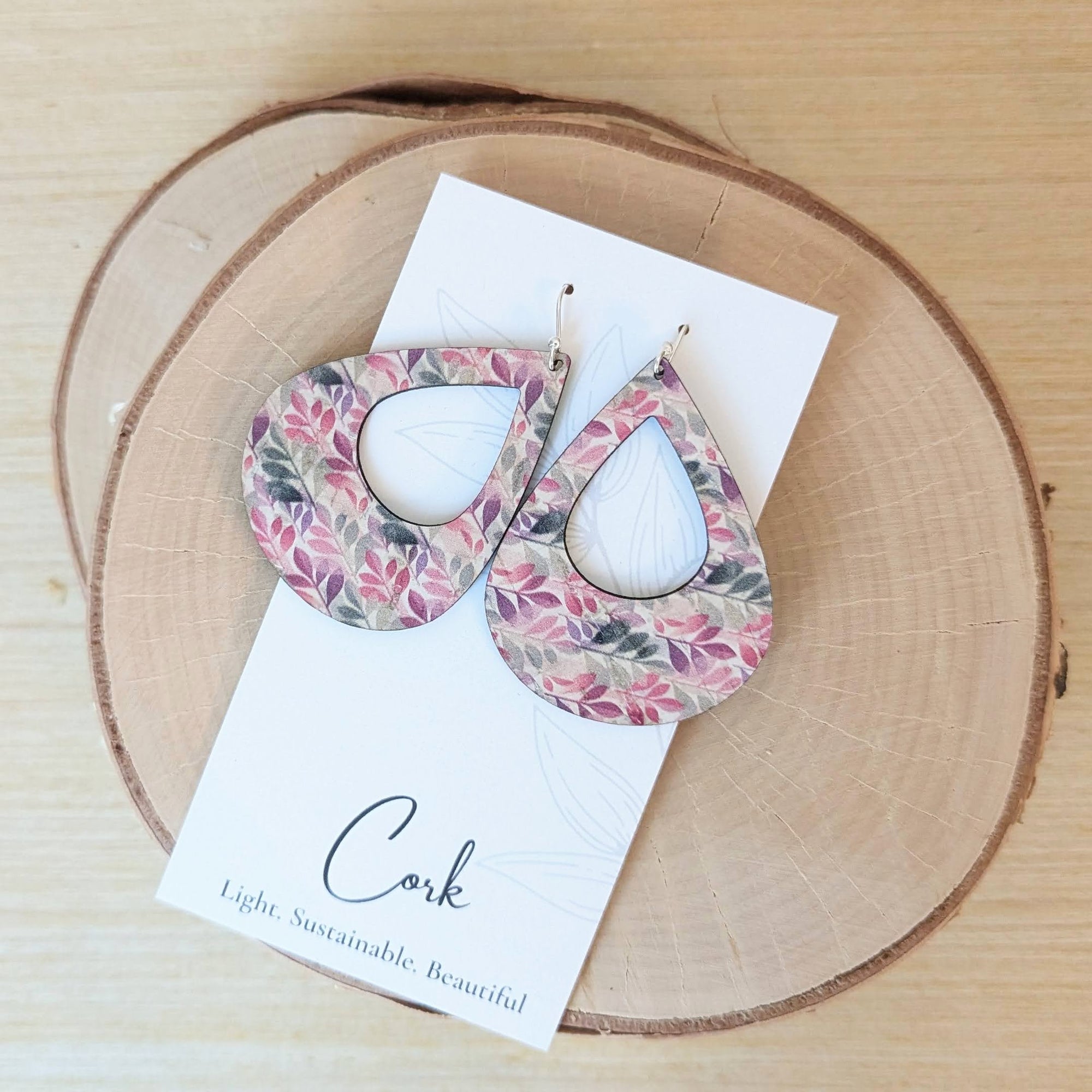 Green and Fuchsia Leaves Cork Earrings - Large Teardrop