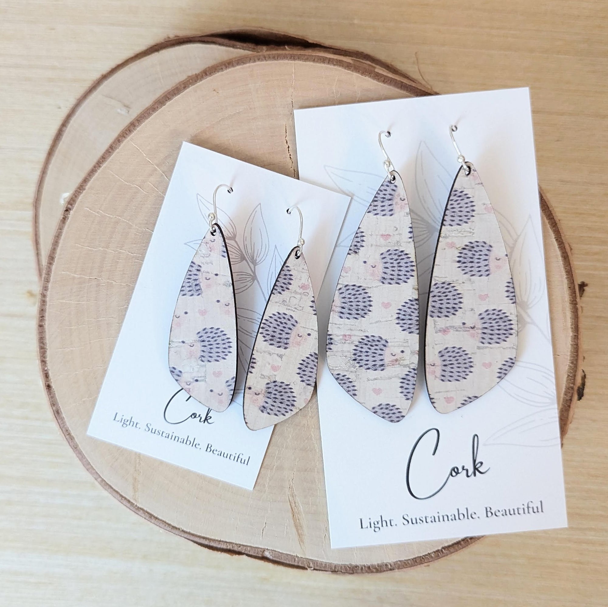 Hedgehog and Heart Cork Earrings - Small Wing