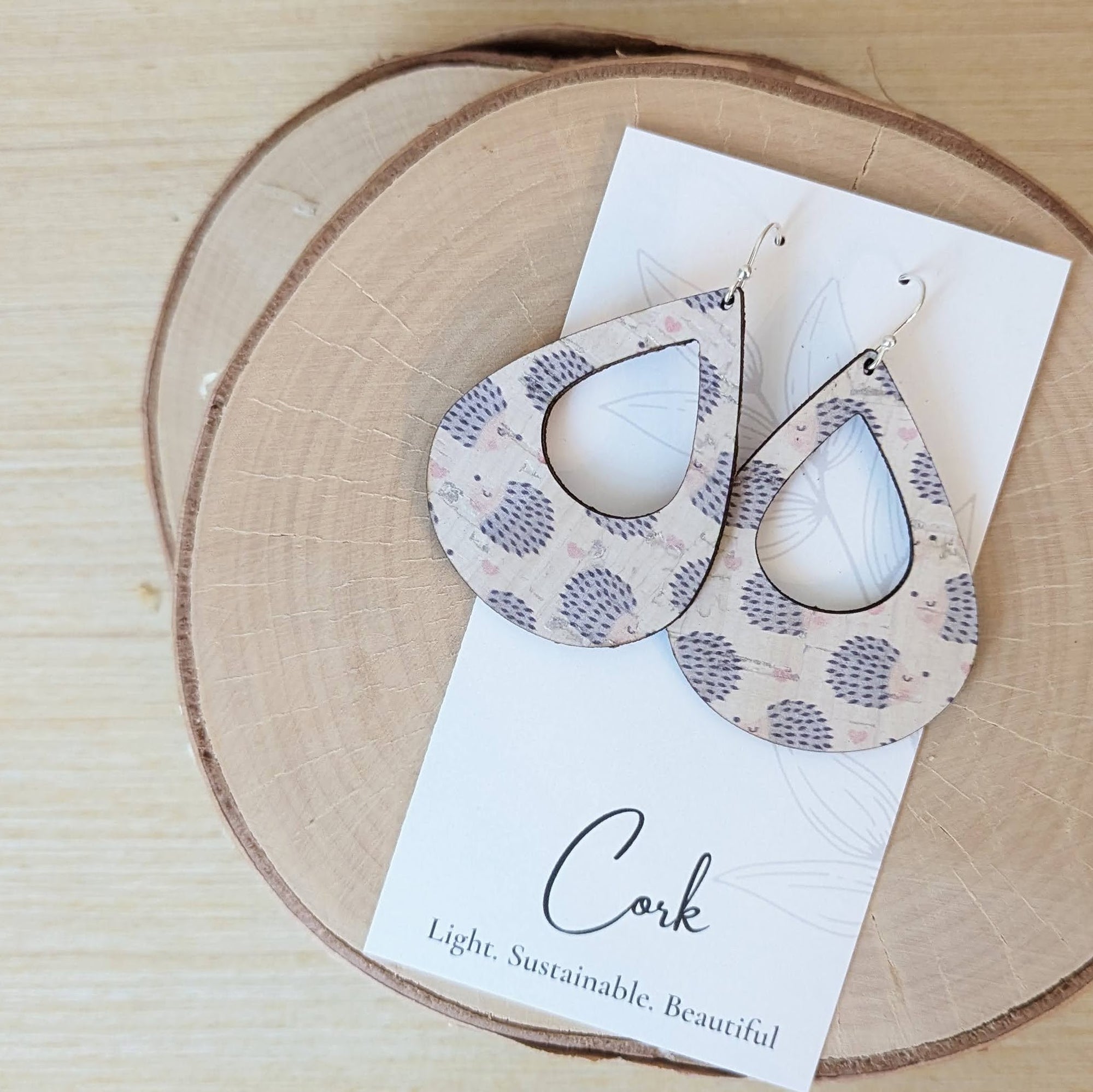Hedgehog and Heart Cork Earrings - Large Teardrop