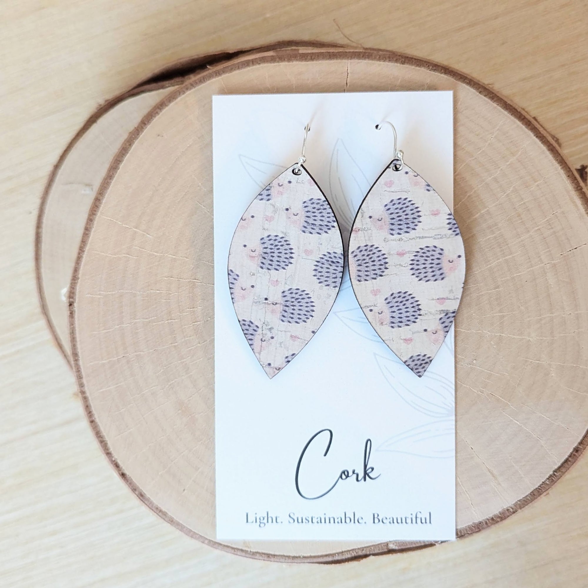 Hedgehog and Heart Cork Earrings - Large Leaf
