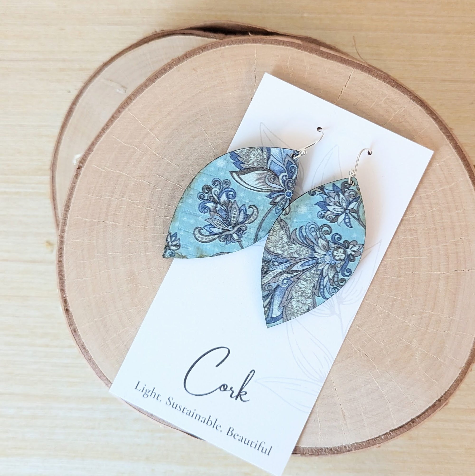 Olive and Teal Floral Cork Earrings -Large Leaf