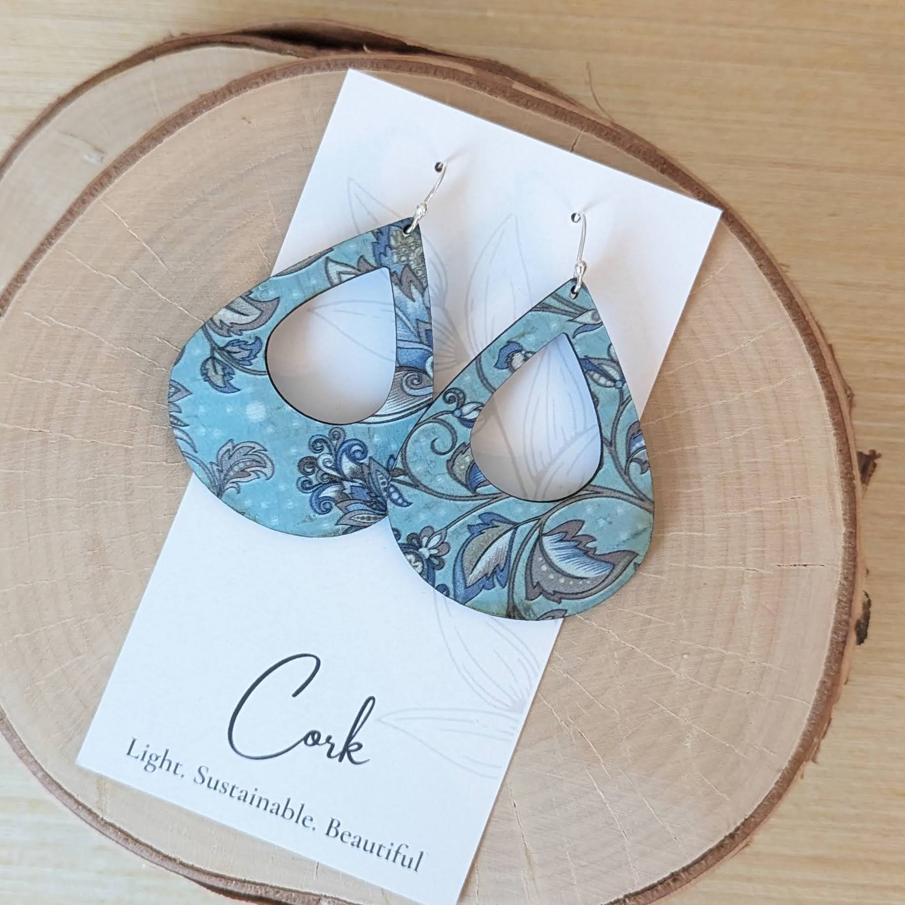 Olive and Teal Floral Cork Earrings - Large Teardrop