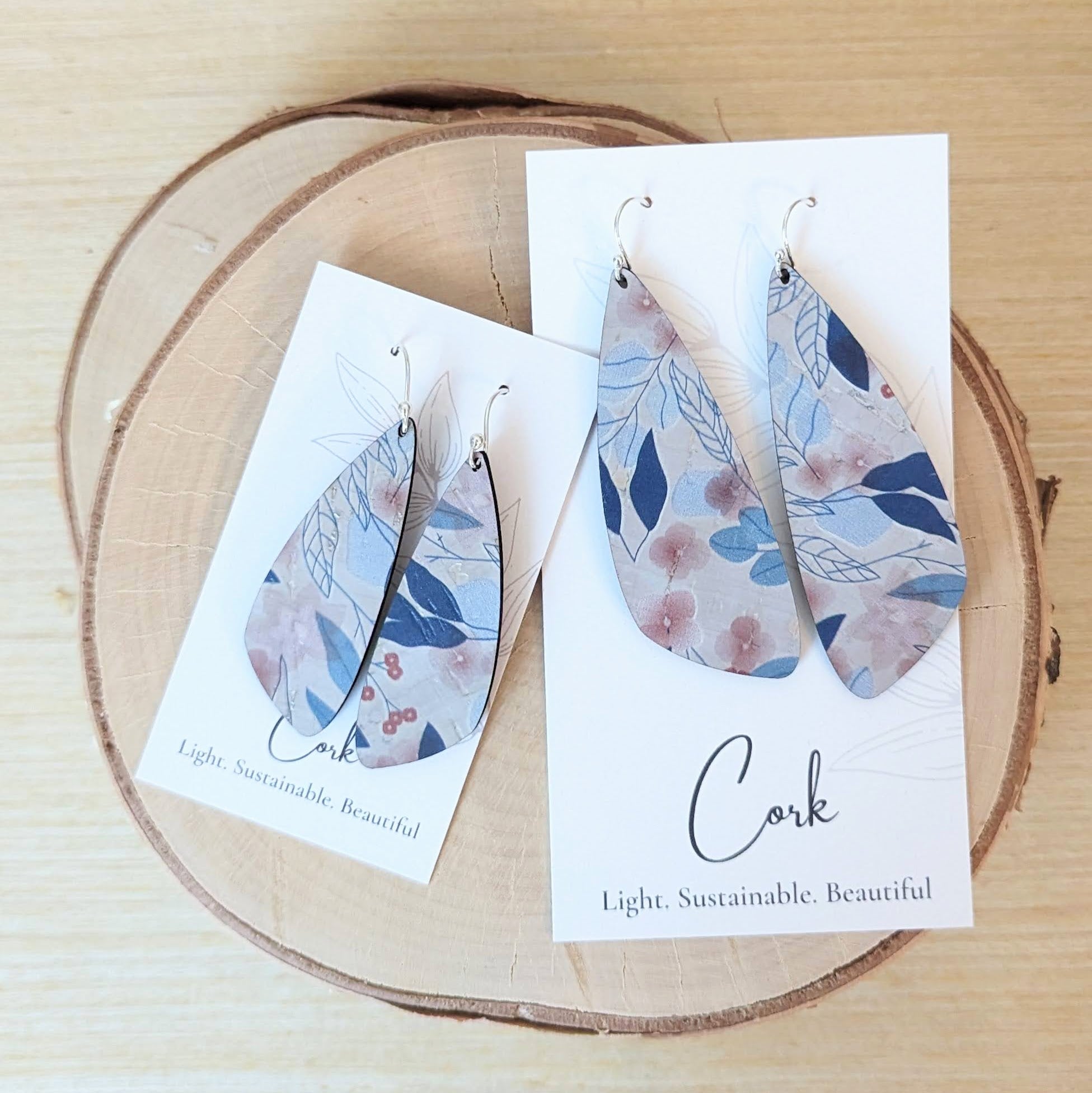 Blue Fall Leaves Cork Earrings - Small Wing