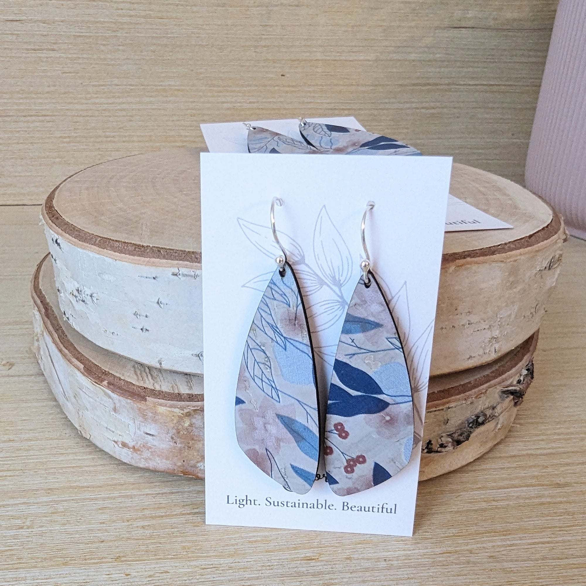 Blue Fall Leaves Cork Earrings - Small Wing