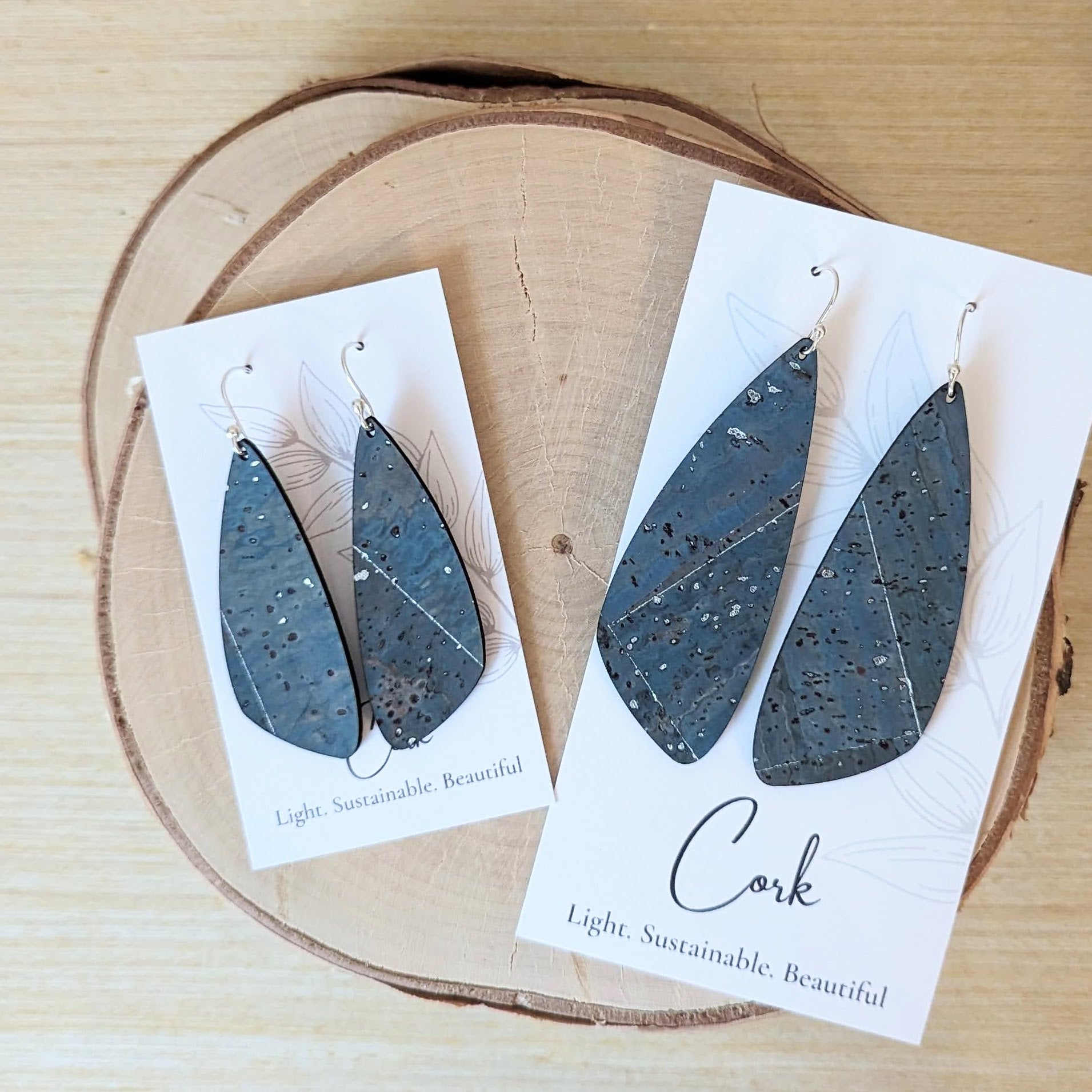 Sea Blue with Silver Flecks Cork Earrings - Small Wing