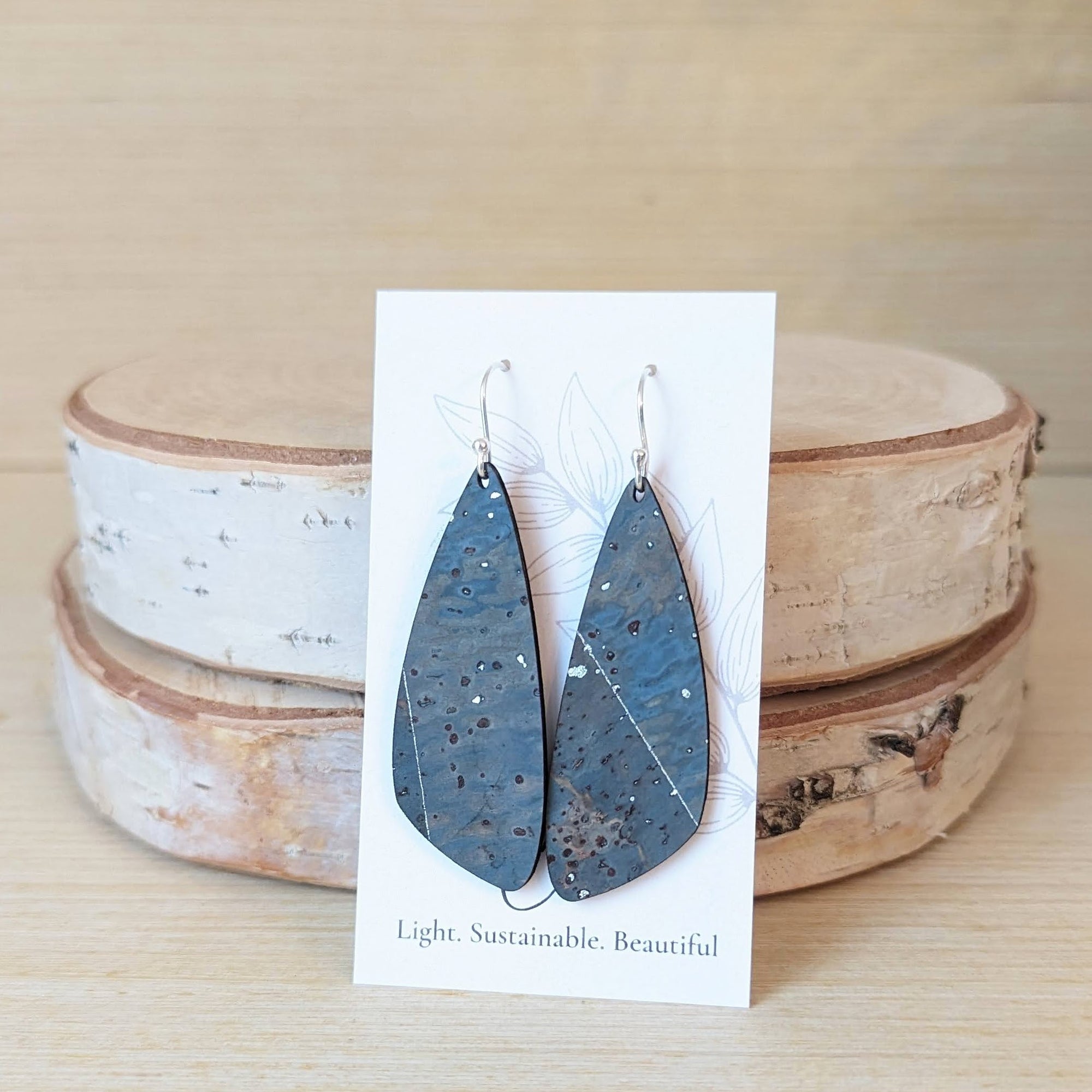 Sea Blue with Silver Flecks Cork Earrings - Small Wing