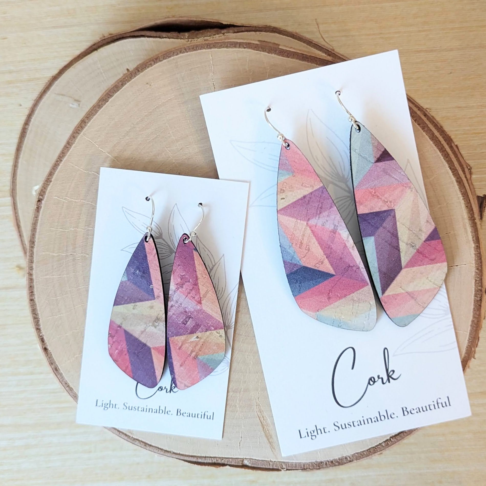 Pink Herringbone Cork Earrings - Small Wing