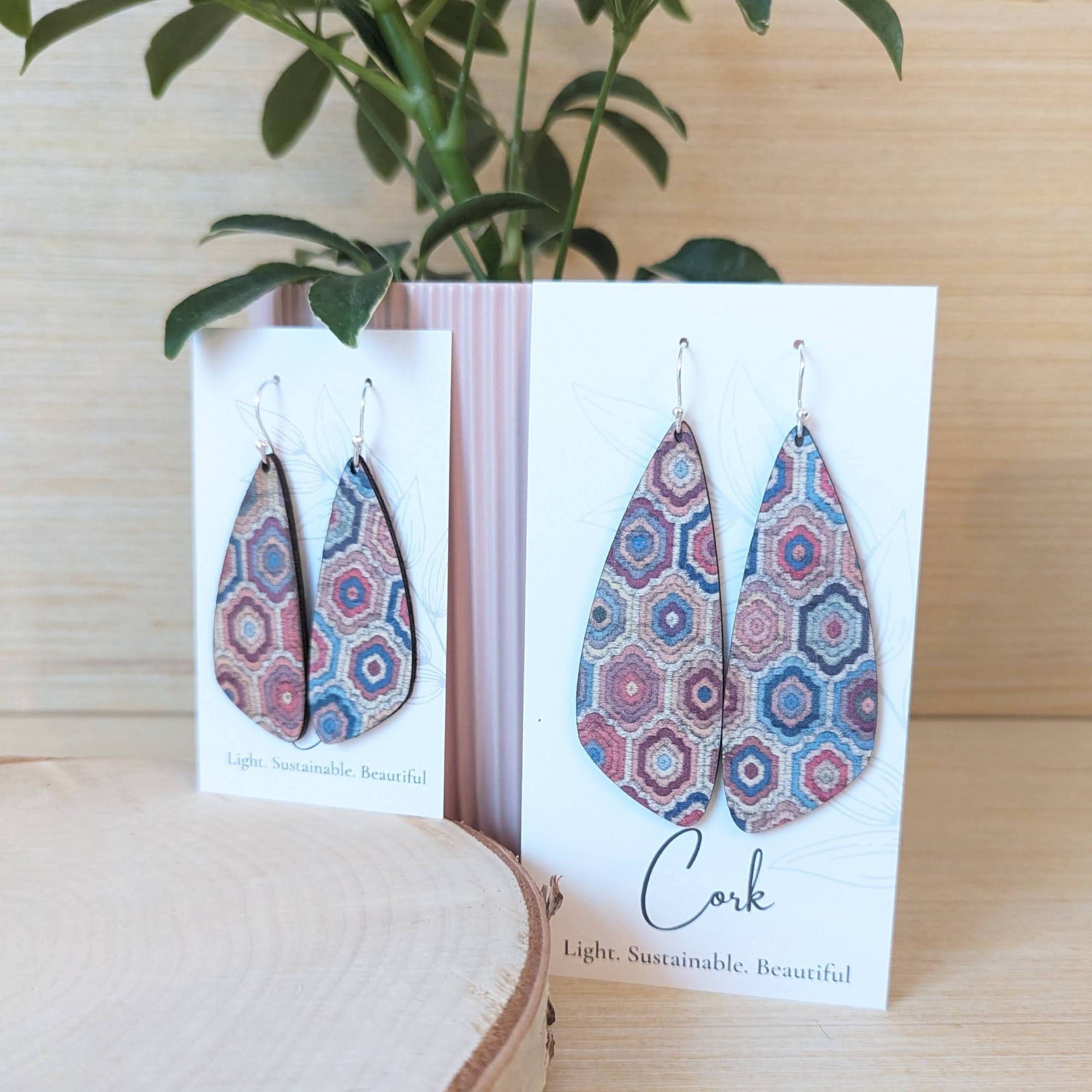 Embroidered Hexagons Cork Earrings - Large Wing