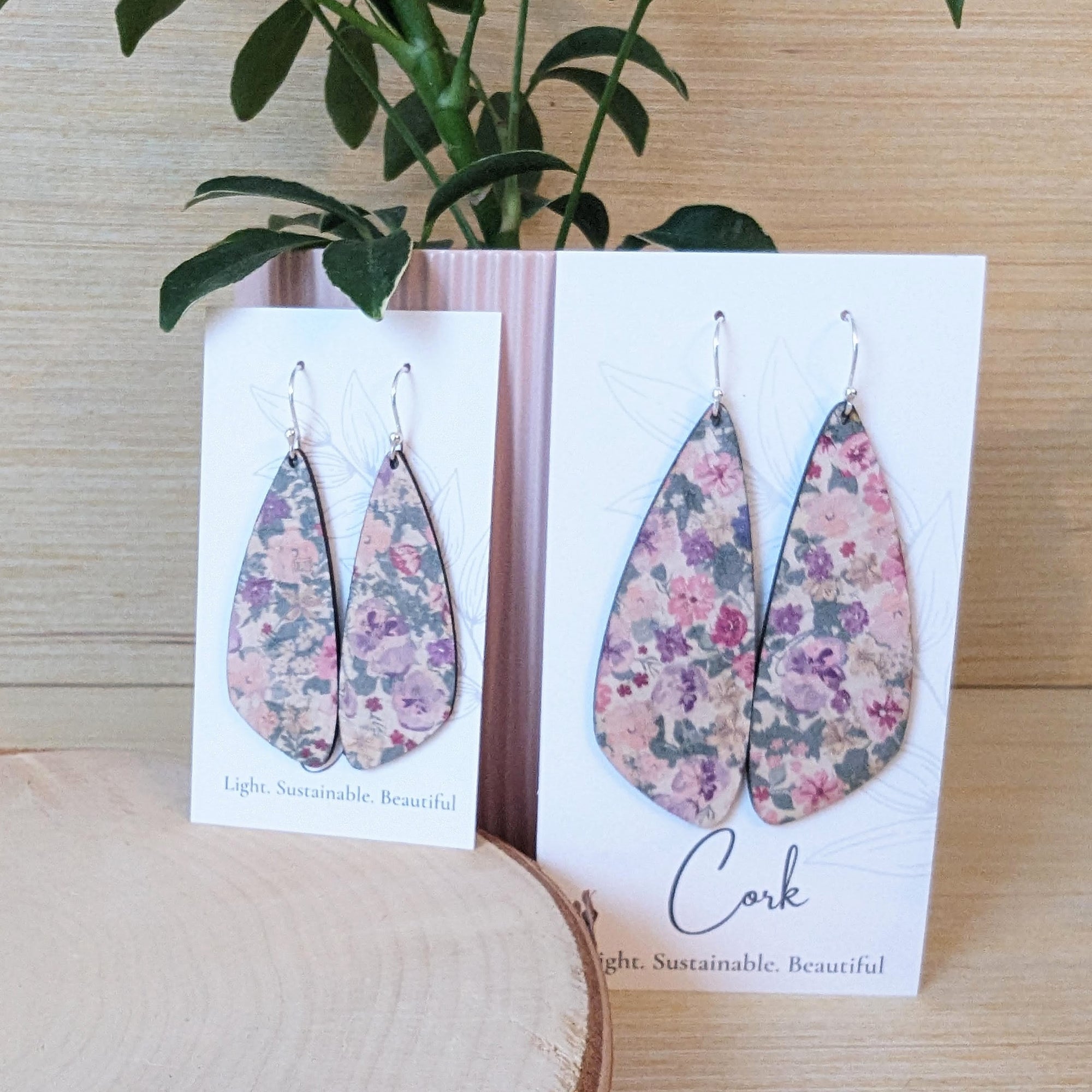 Pink Pansies Cork Earrings - Small Wing