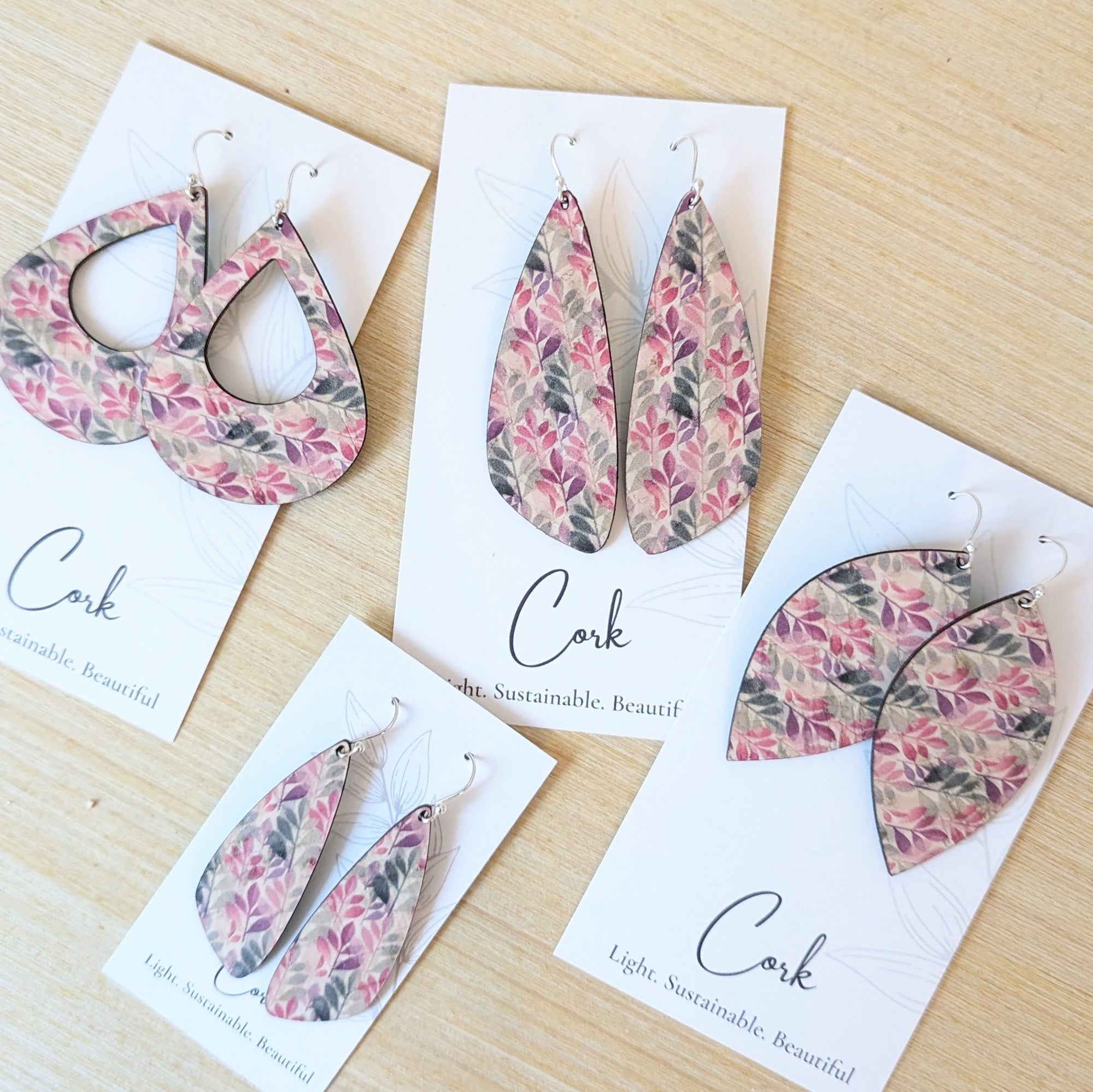 Green and Fuchsia Leaves Cork Earrings - Large Teardrop