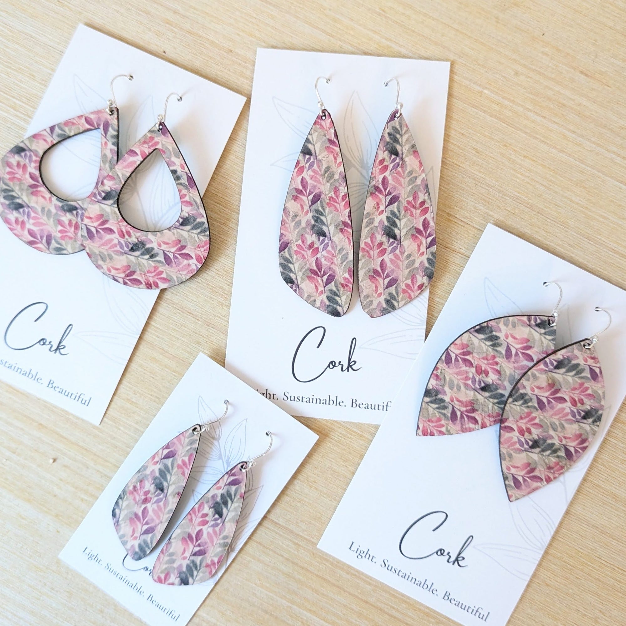 Green and Fuchsia Leaves Cork Earrings - Large Wing