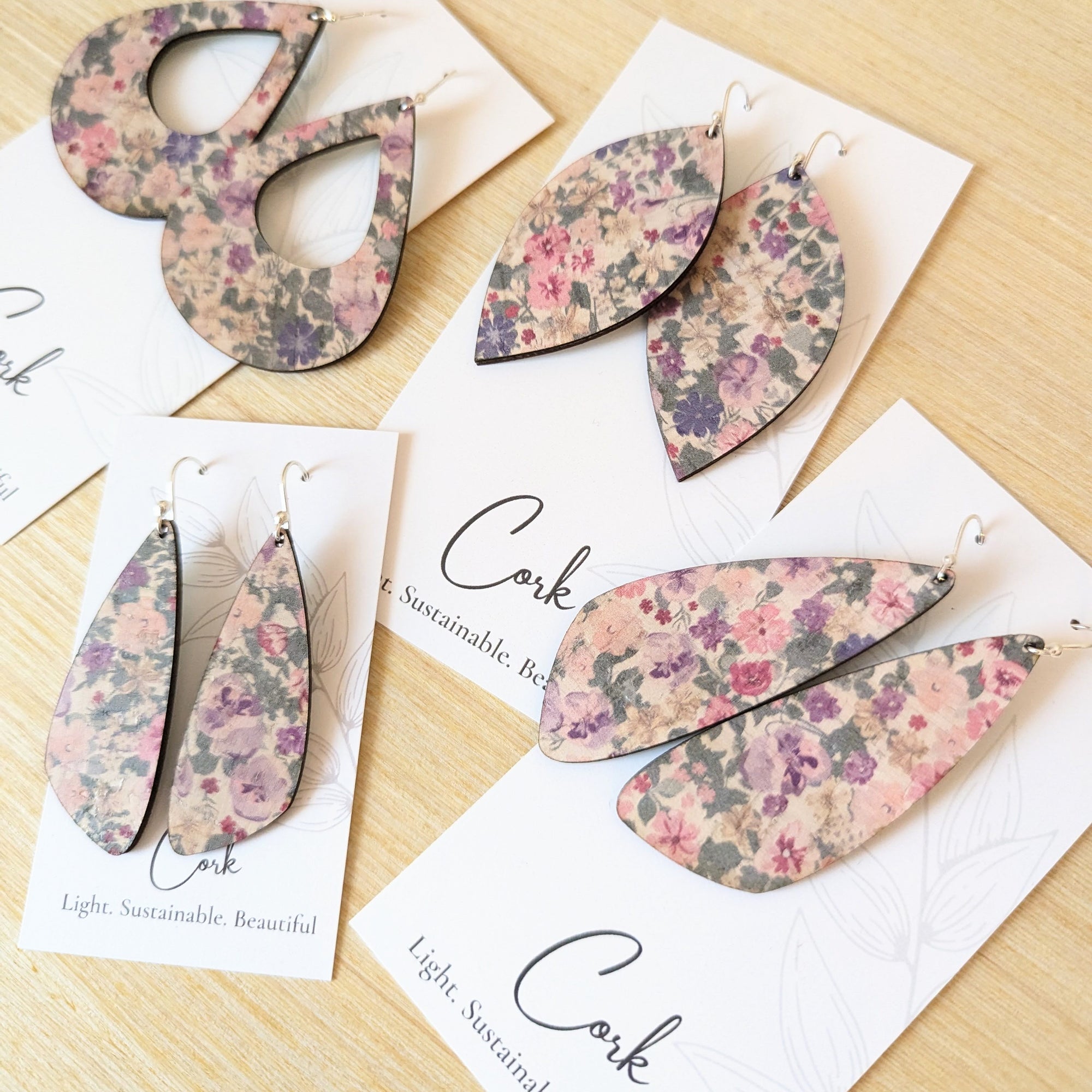 Pink Pansies Cork Earrings - Large Leaf