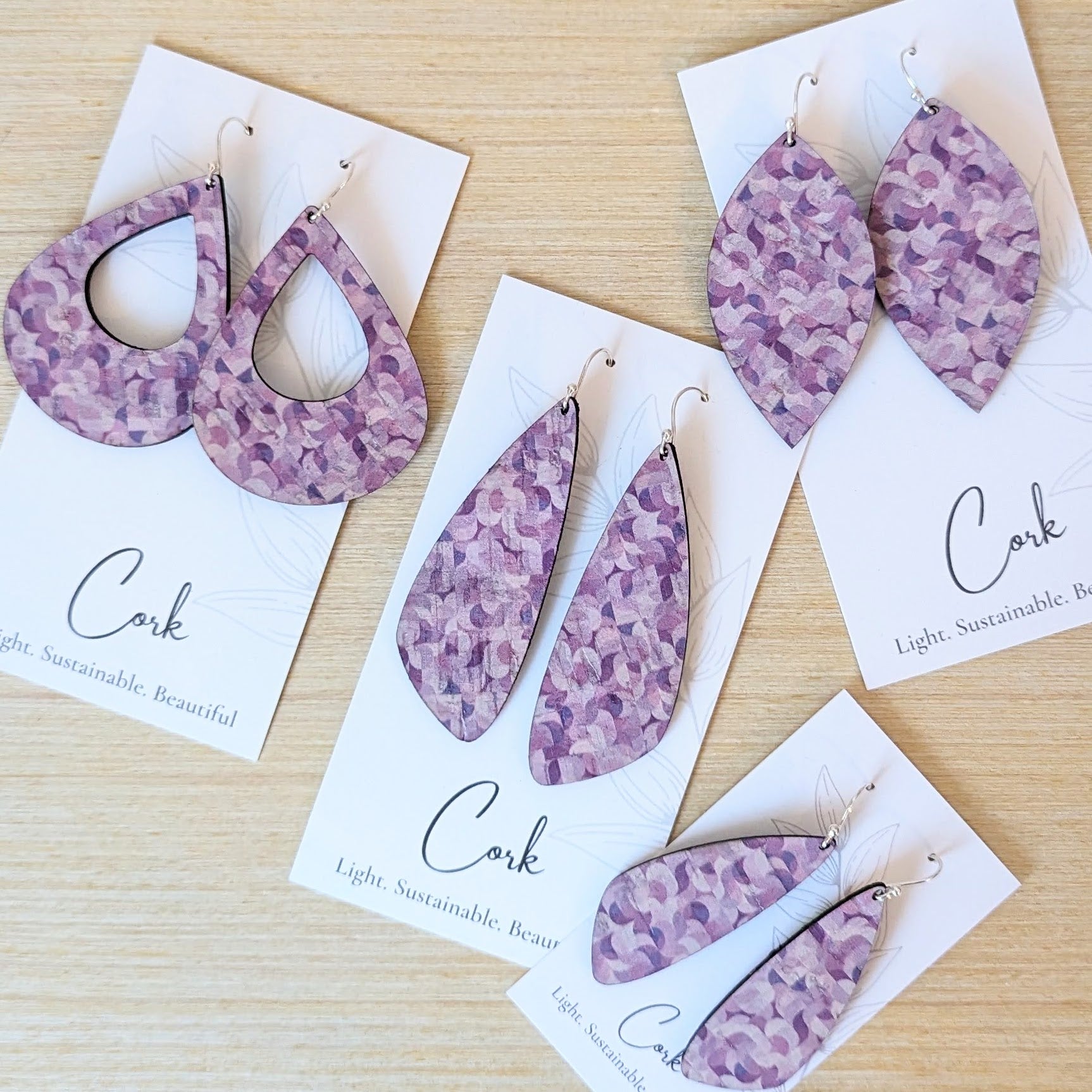 Purple Abstract Cork Earrings - Large Teardrop