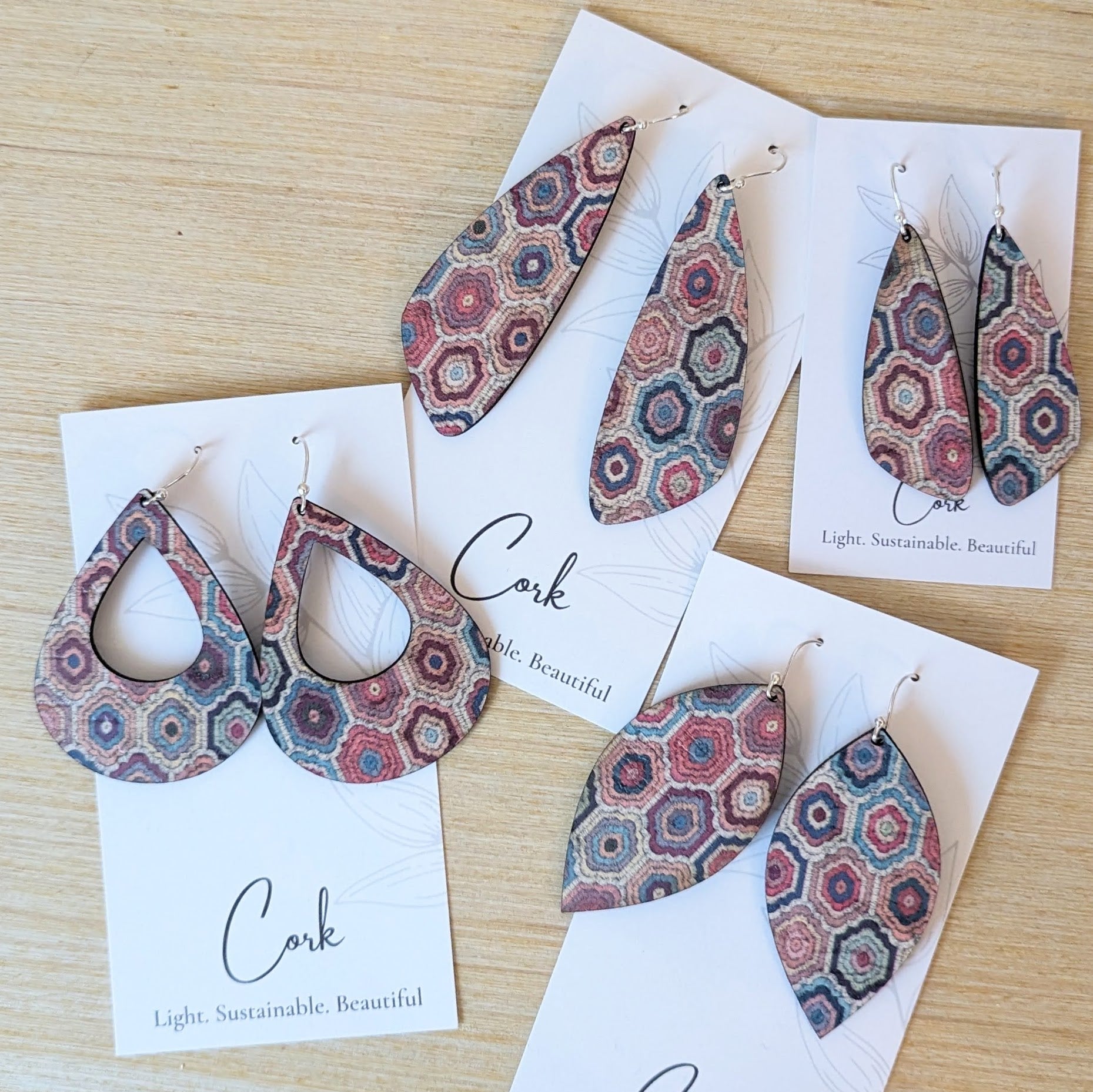 Embroidered Hexagons Cork Earrings - Large Wing