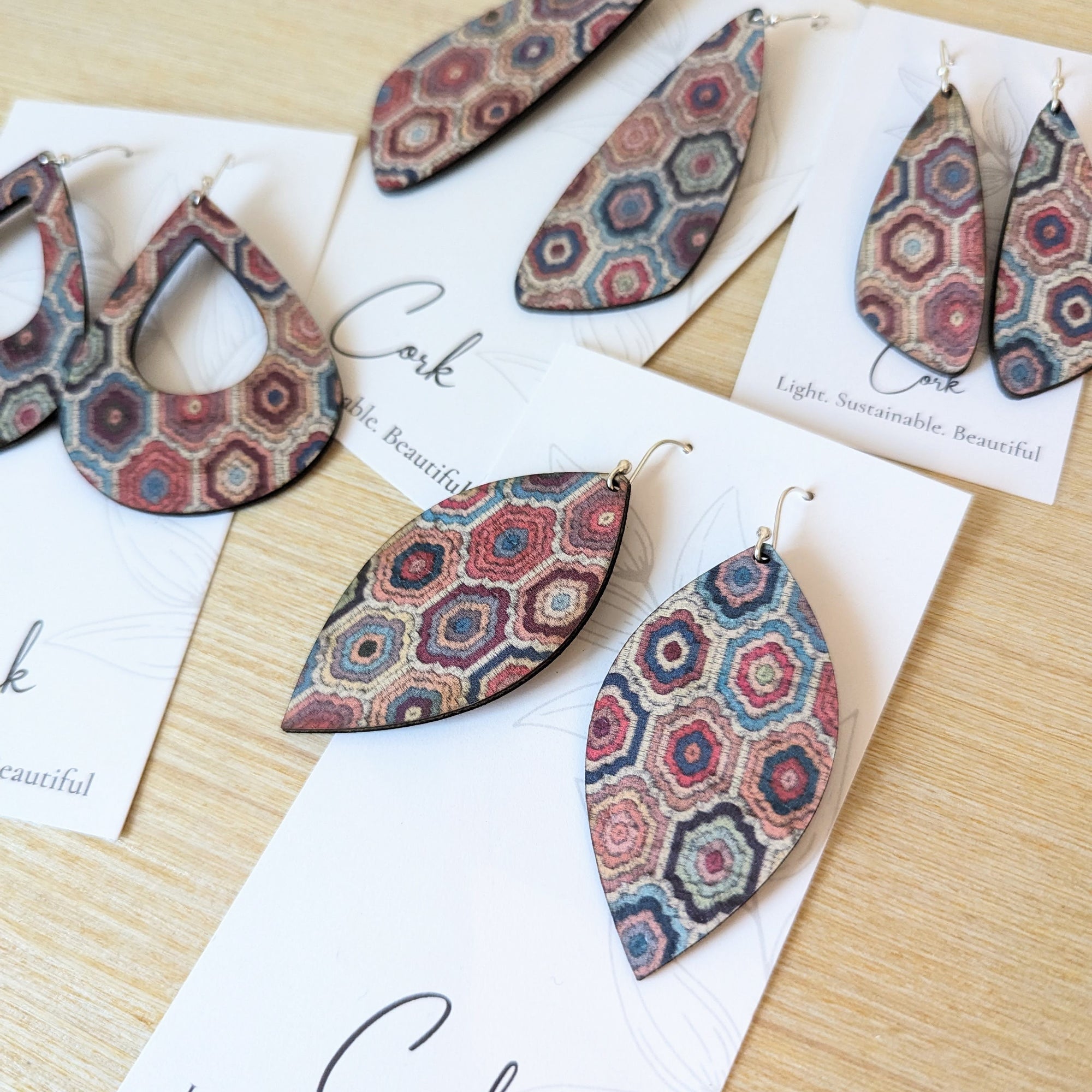Embroidered Hexagons Cork Earrings - Large Leaf