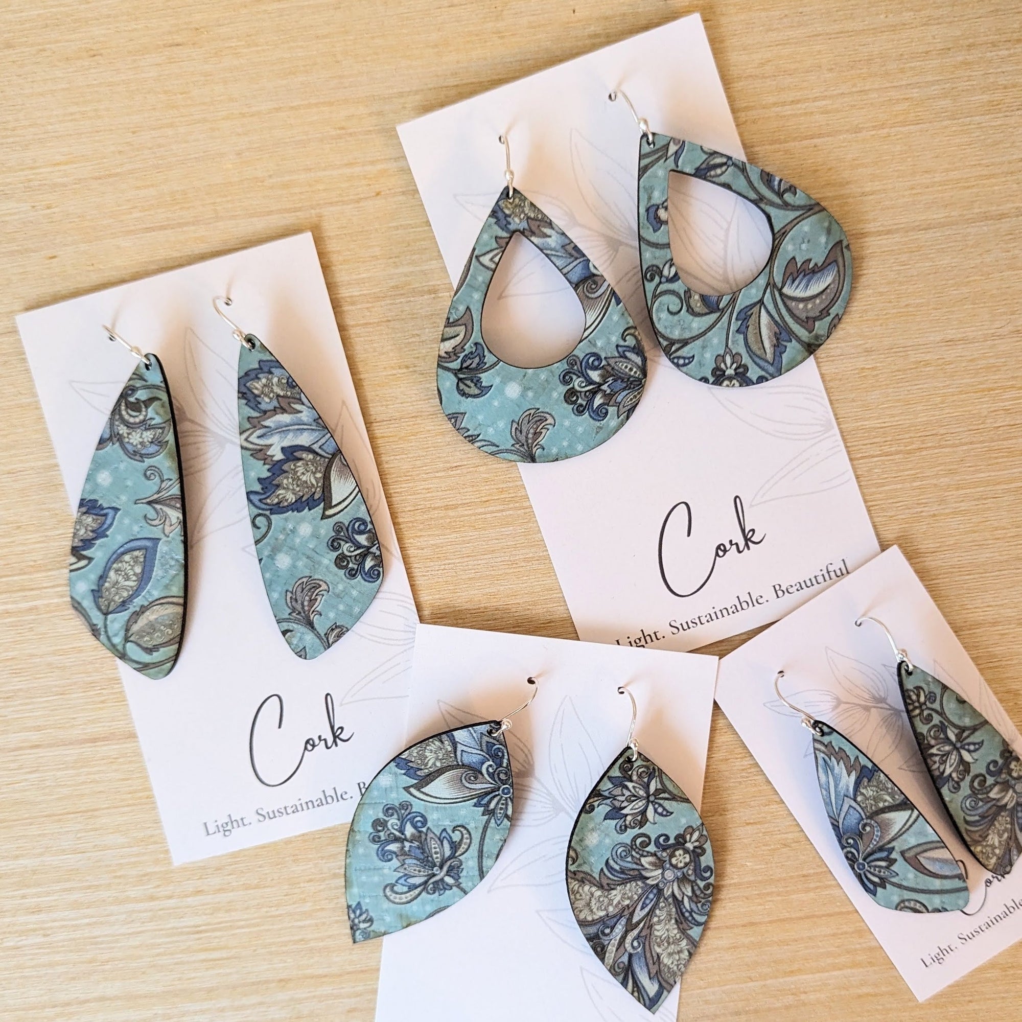 Olive and Teal Floral Cork Earrings -Large Leaf