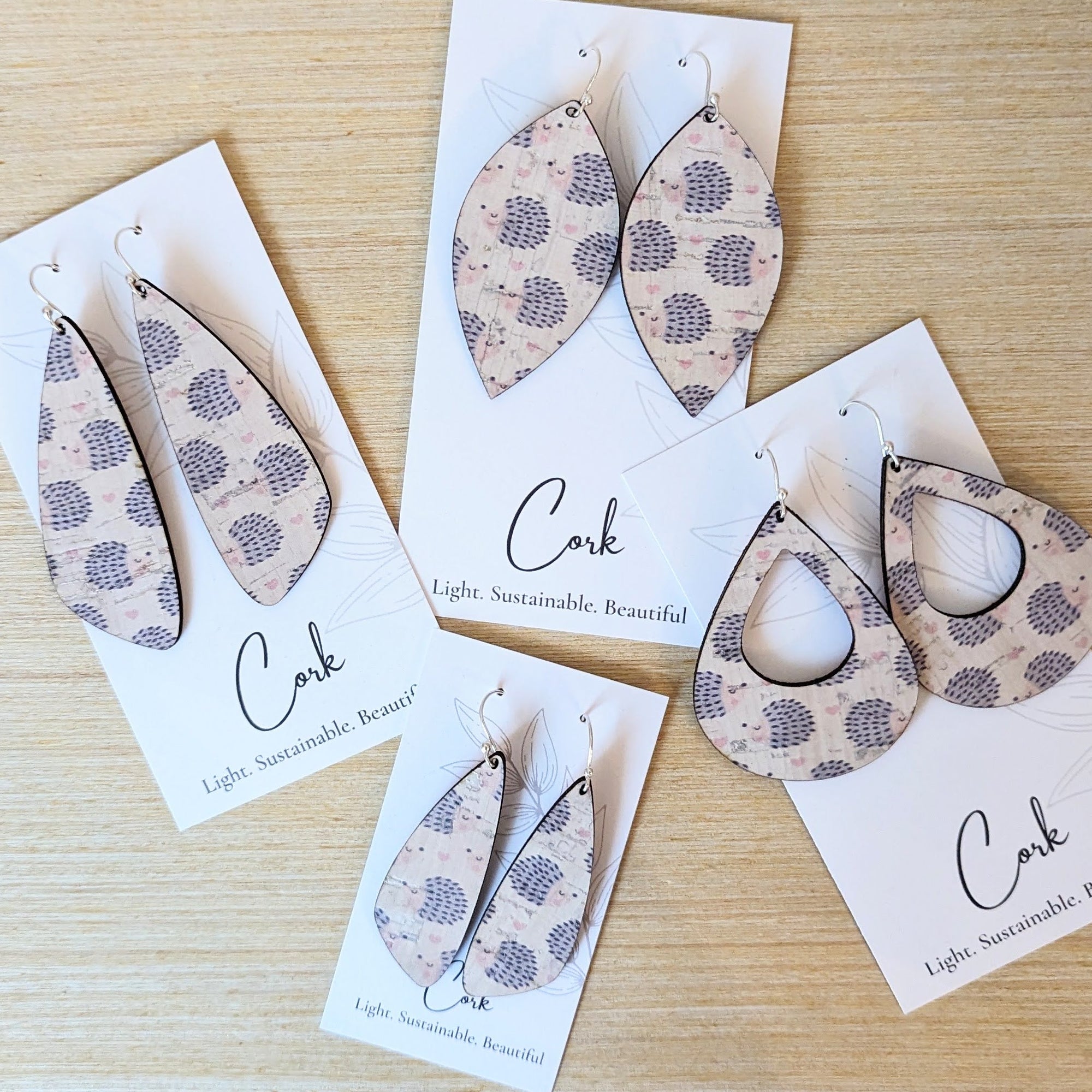 Hedgehog and Heart Cork Earrings - Small Wing