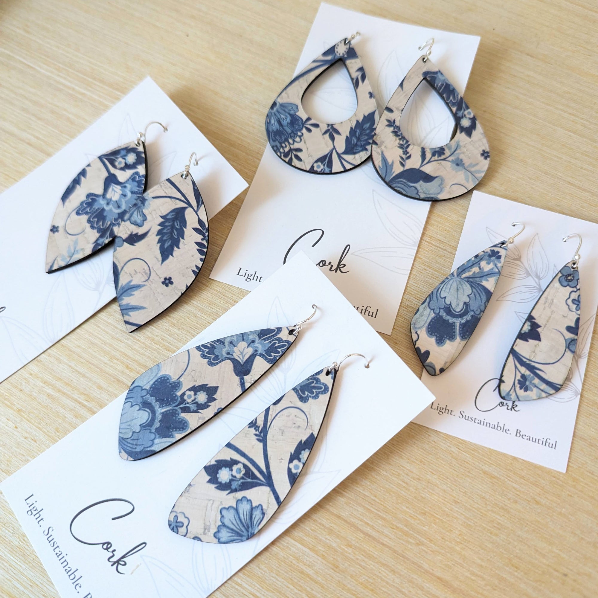 Blue and White Floral Cork Earrings - Small Teardrop