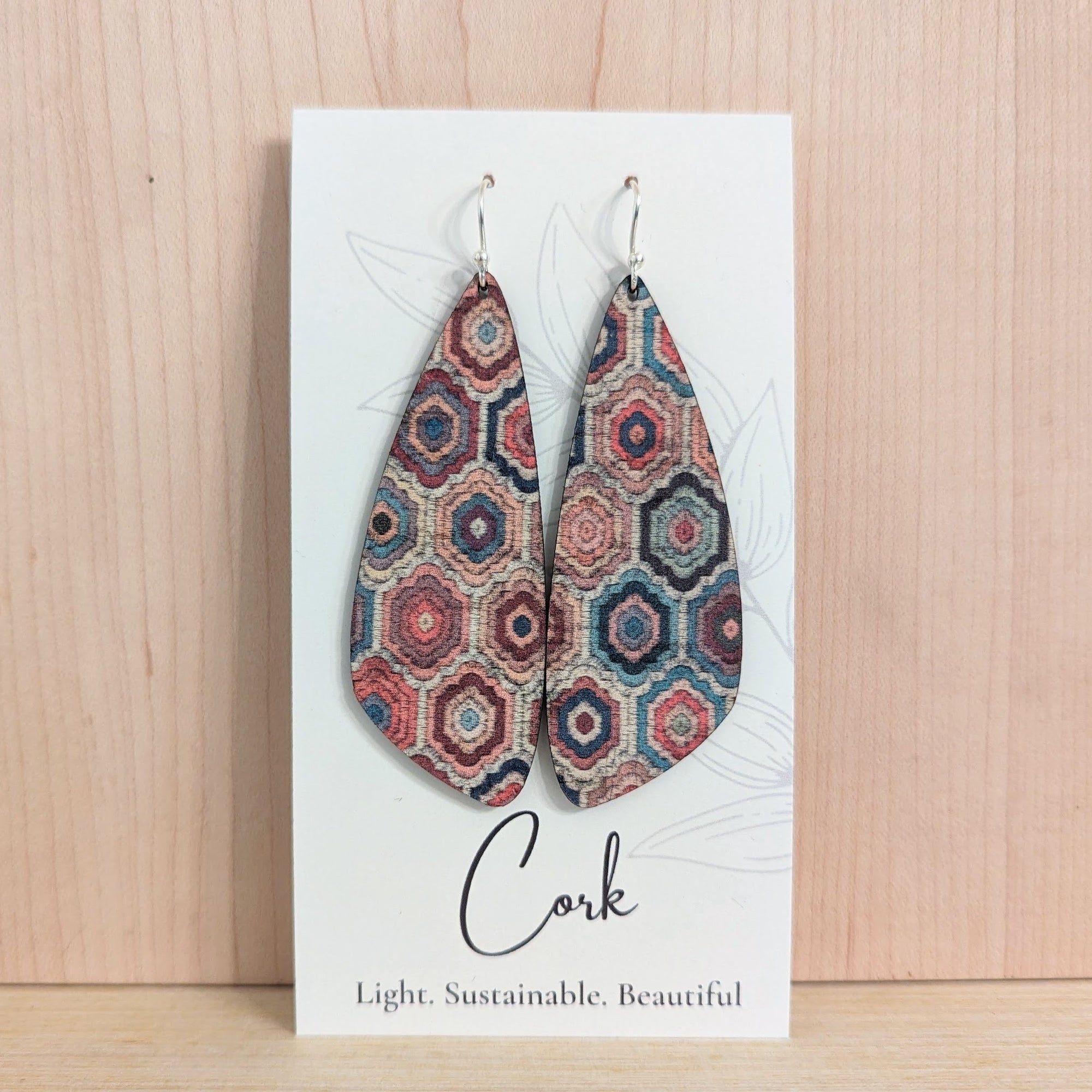 Embroidered Hexagons Cork Earrings - Large Wing