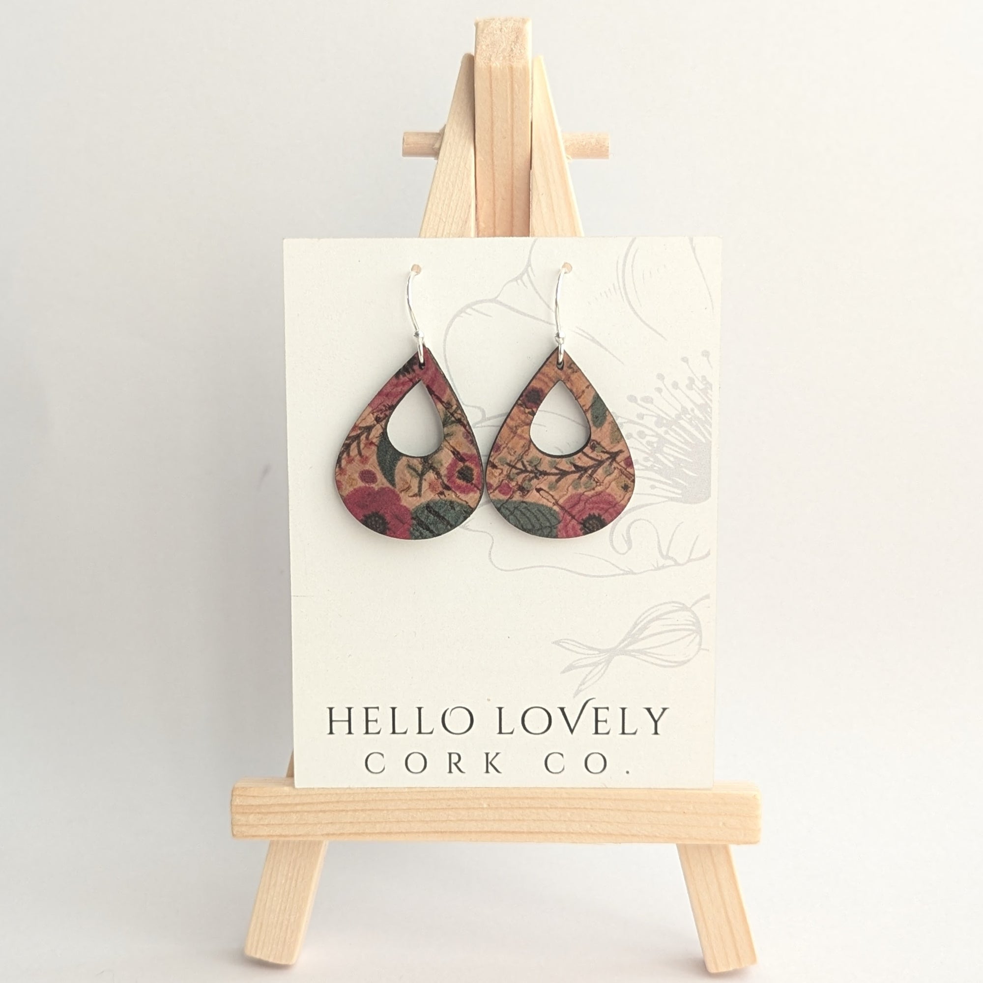 Green and Pink Floral Cork Earrings - Small Teardrop
