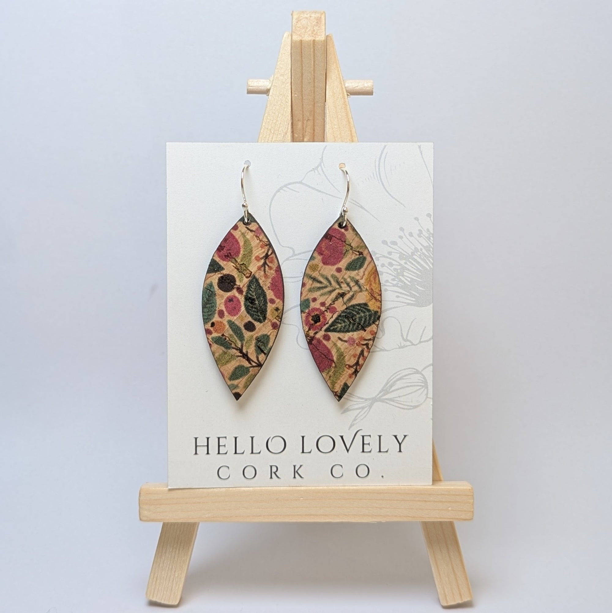 Green and Pink Floral Cork Earrings - Small Leaf