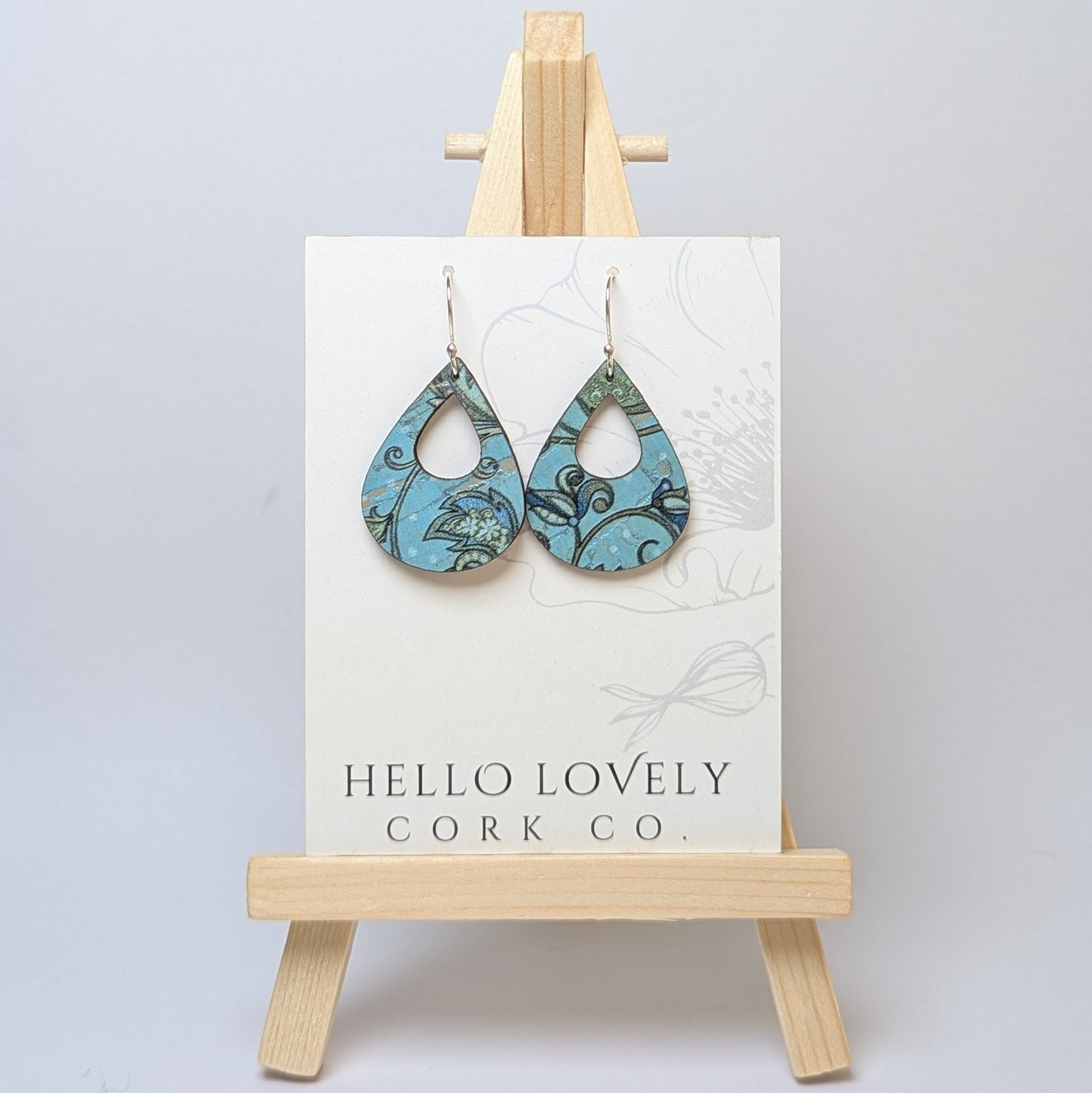 Olive and Teal Floral Cork Earrings - Small Teardrop
